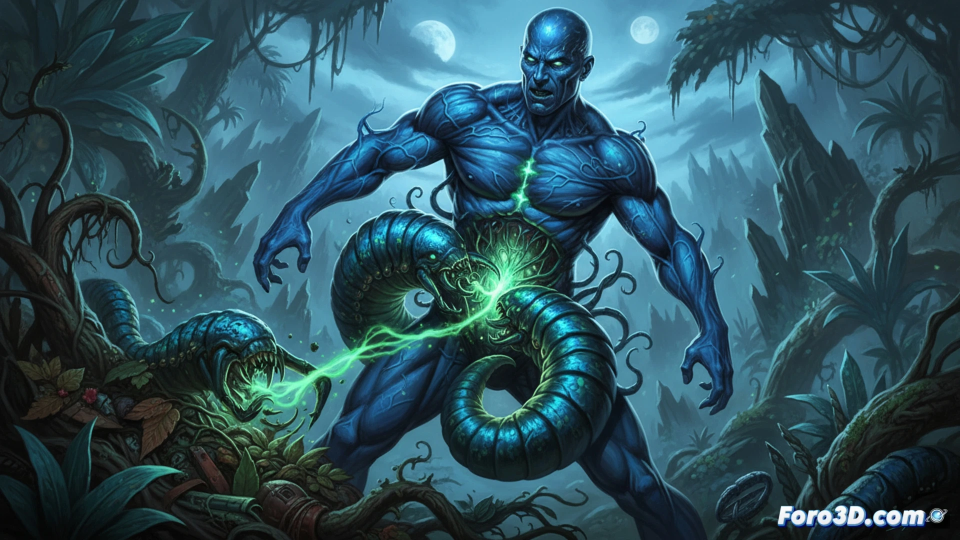 Mutante con piel azul y dos orugas gigantes saliendo de su torso, devorando materia orgánica en un paisaje árido.