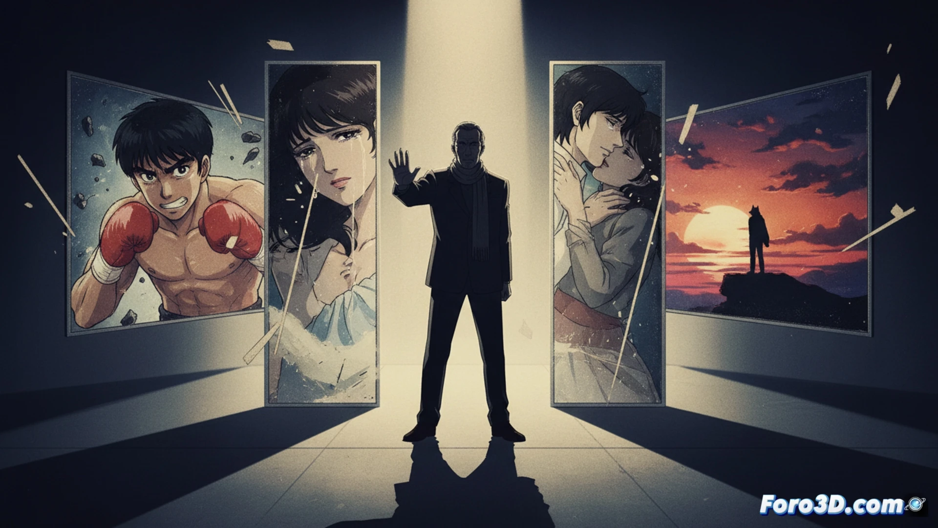 Un fotograma congelado al estilo postal de Osamu Dezaki: sombras marcadas, luz dramática y un personaje en pose teatral, congelado en el tiempo.