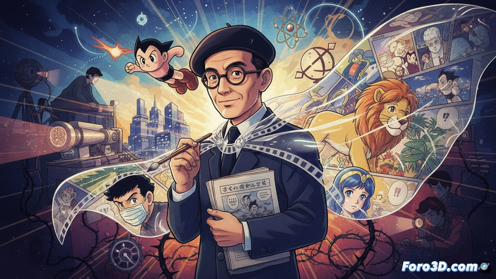 Osamu Tezuka sentado en un escritorio desordenado dibujando un storyboard de Astro Boy, mientras su mano sostiene un lápiz mecánico sobre papel de boceto, close-up de su rostro concentrado con gafas, fondo con paneles de manga y fotogramas de animación mostrando planos cercanos y acción dinámica, lámpara de escritorio iluminando la escena, estilo cinematográfico técnico con iluminación dramática de estudio, textura de papel y tinta visible, sombras profundas, render fotorrealista, homenaje al proceso creativo del dios del manga.