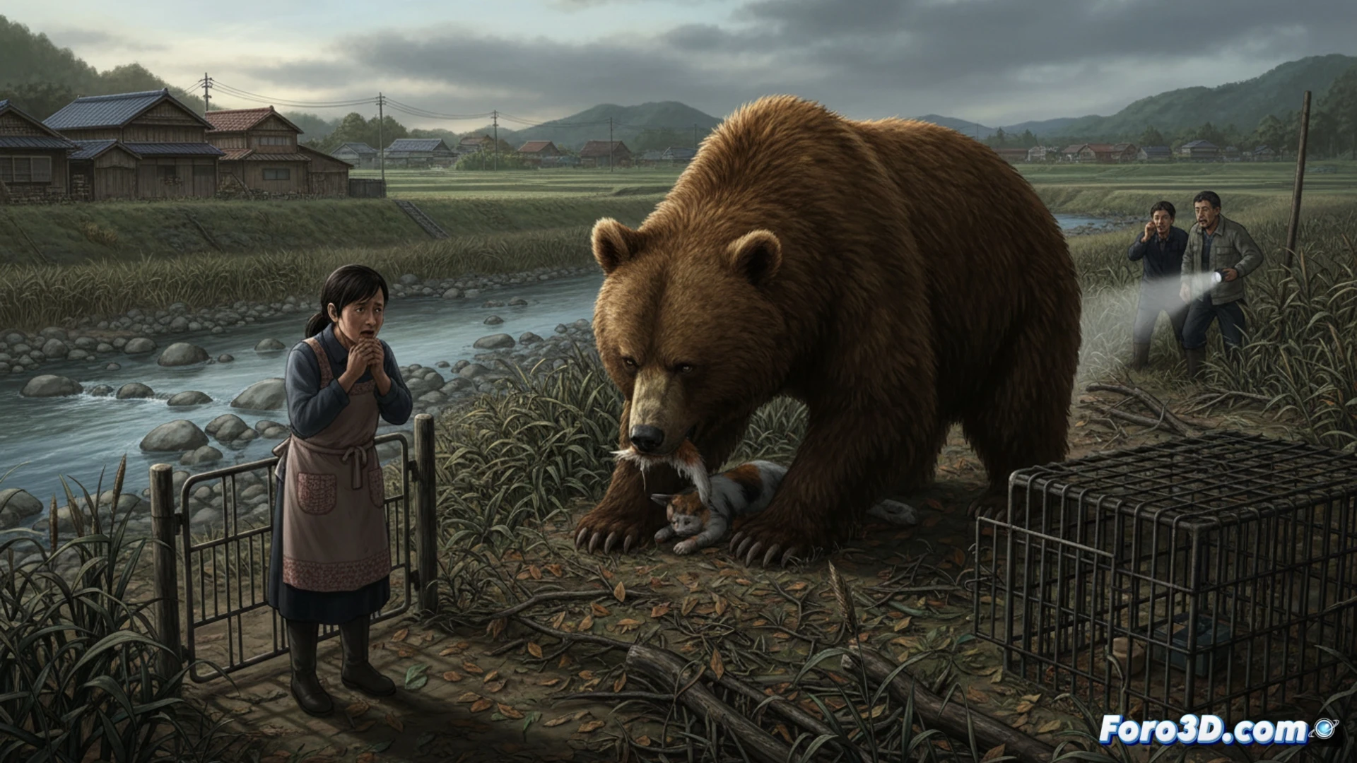 Montaña boscosa japonesa al atardecer, un oso pardo adulto arrastrando un gato doméstico por el cuello cerca de la orilla de un río, mujer observando desde la ventana de una casa rural de madera, trampa metálica para osos parcialmente oculta entre arbustos, patrulla policial con linternas en la distancia, estilo cinematográfico fotorrealista, iluminación crepuscular con sombras alargadas, textura de pelaje y follaje ultra detallada, lente gran angular dramático, atmósfera tensa de vida silvestre en zona rural montañosa