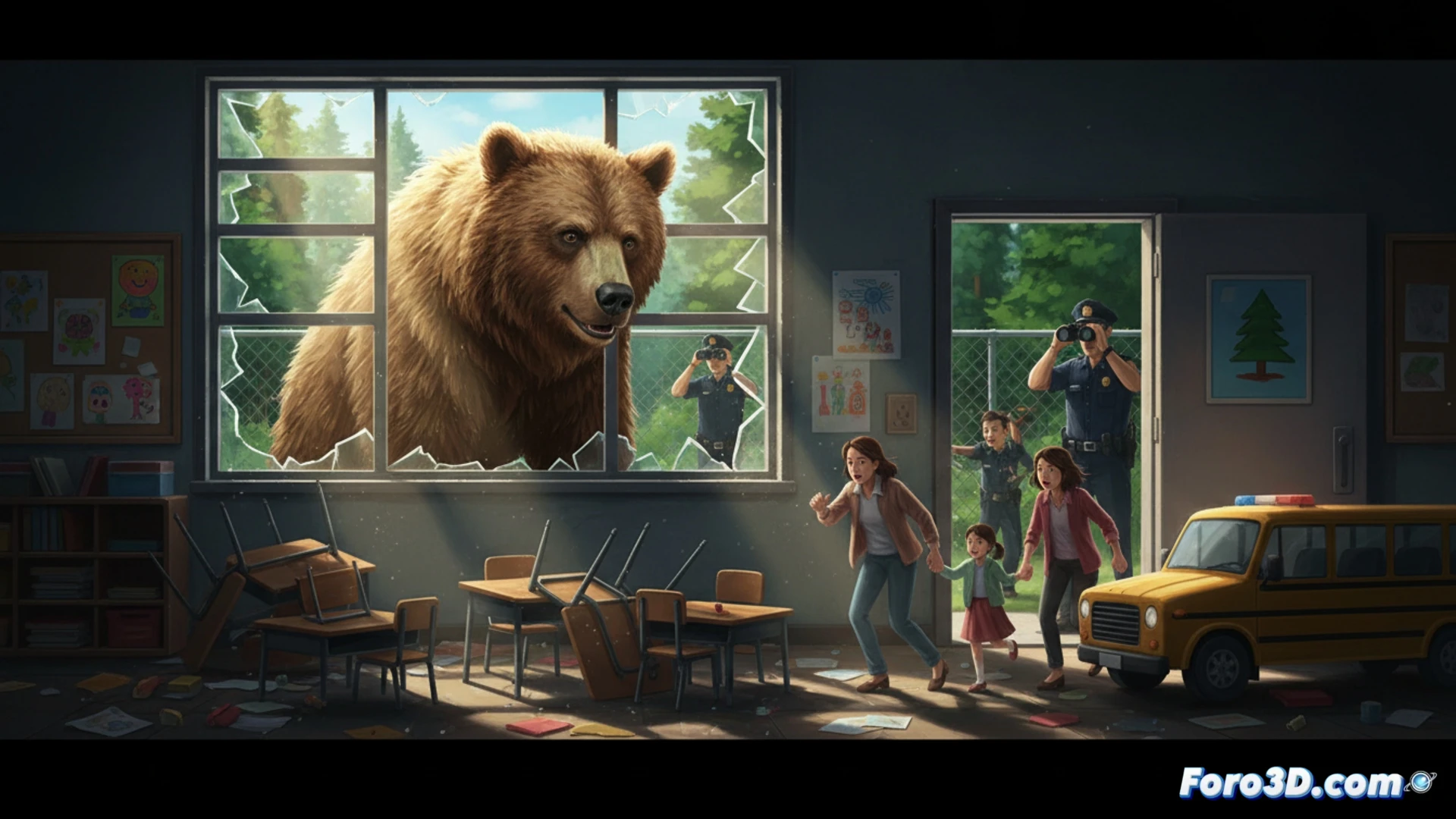 Un oso pardo de un metro acecha junto al gimnasio escolar en Fukushima; niños miran desde ventanas mientras policías buscan en el bosque.