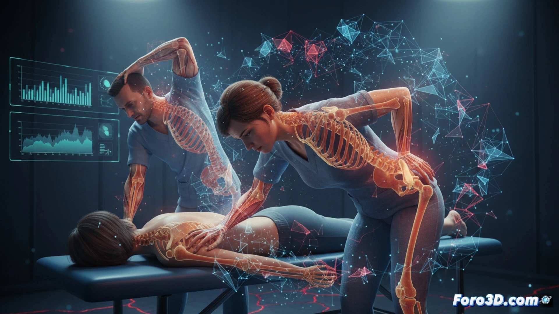 Modelo 3D de columna vertebral con puntos calientes de tensión en manos y espalda de un osteópata en consulta