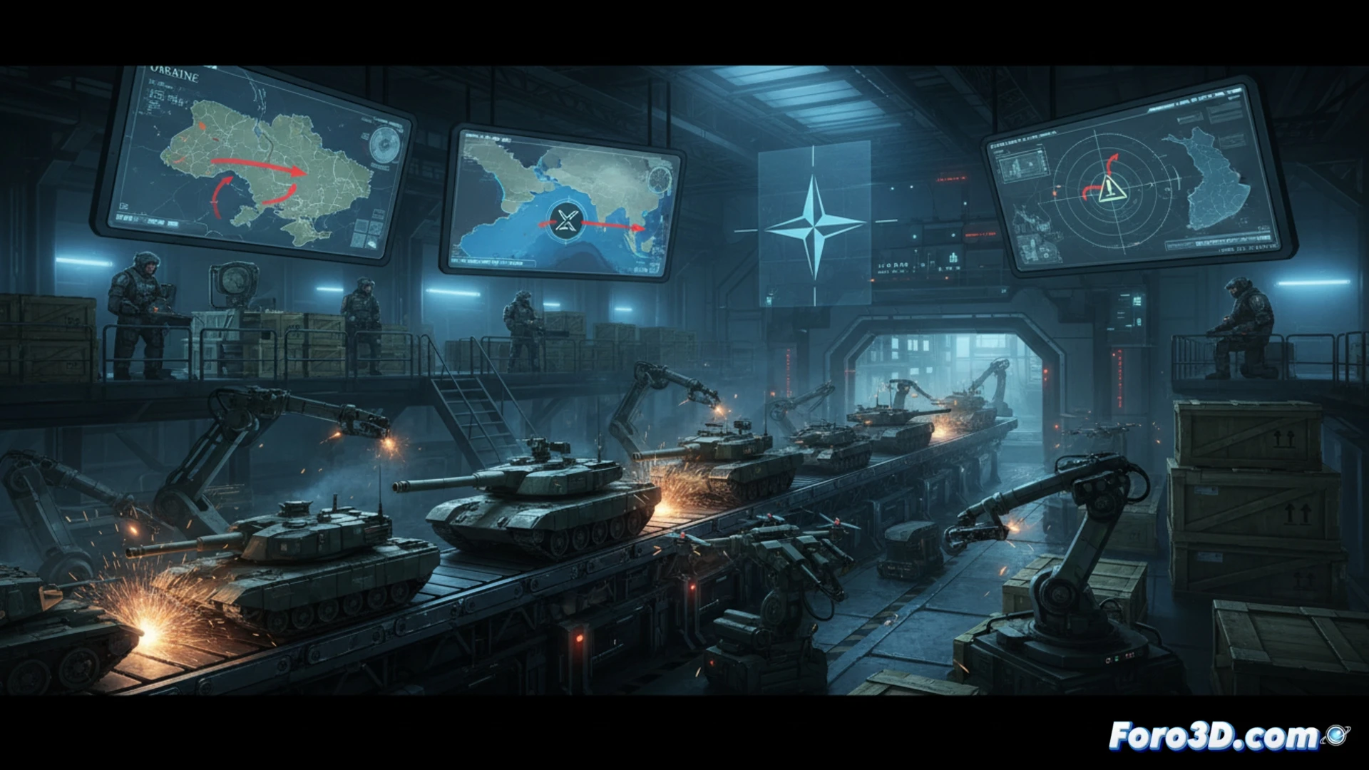 OTAN military logistics center in crisis, assembly line halting as empty missile racks wait for components, forklifts idle near sealed shipping containers, digital map on wall showing red alerts over Finland and Strait of Hormuz, drone silhouette crossing Helsinki airspace on screen, workers in hazmat suits inspecting delayed radar systems, cinematic photorealistic engineering visualization, cold blue industrial lighting, metallic surfaces reflecting emergency strobes, smoke haze from halted machinery, ultra-detailed mechanical parts and cables, dramatic tension in the scene