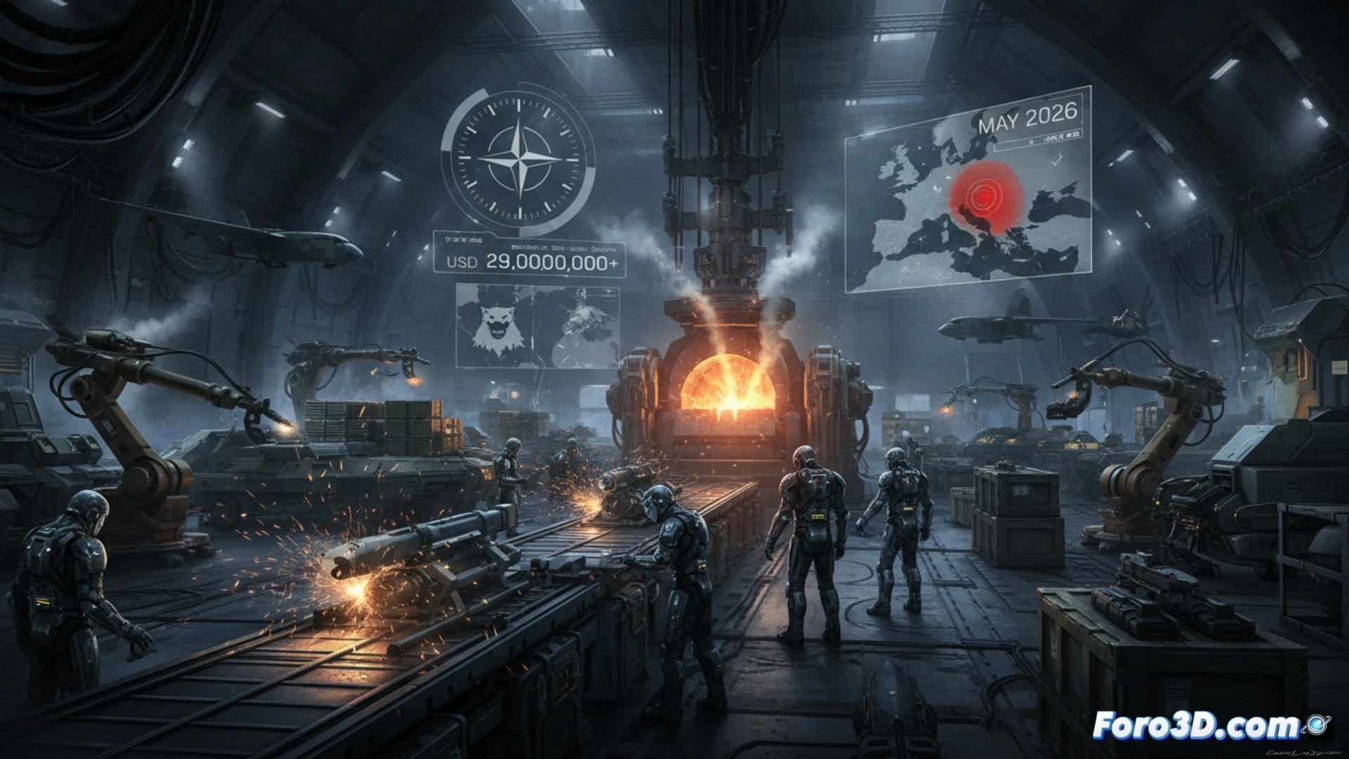 NATO military command center night meeting, generals pointing at glowing holographic map of Iran and Russia, conveyor belt in background producing Patriot missile launcher components, robotic arms assembling missile fins, stockpile of 155mm shells depleting rapidly, digital display showing $29B cost counter and ammunition shortage warning, cinematic technical illustration, photorealistic engineering visualization, dramatic blue and red lighting, ultra-detailed metal surfaces, tense atmosphere, soldiers monitoring real-time logistics