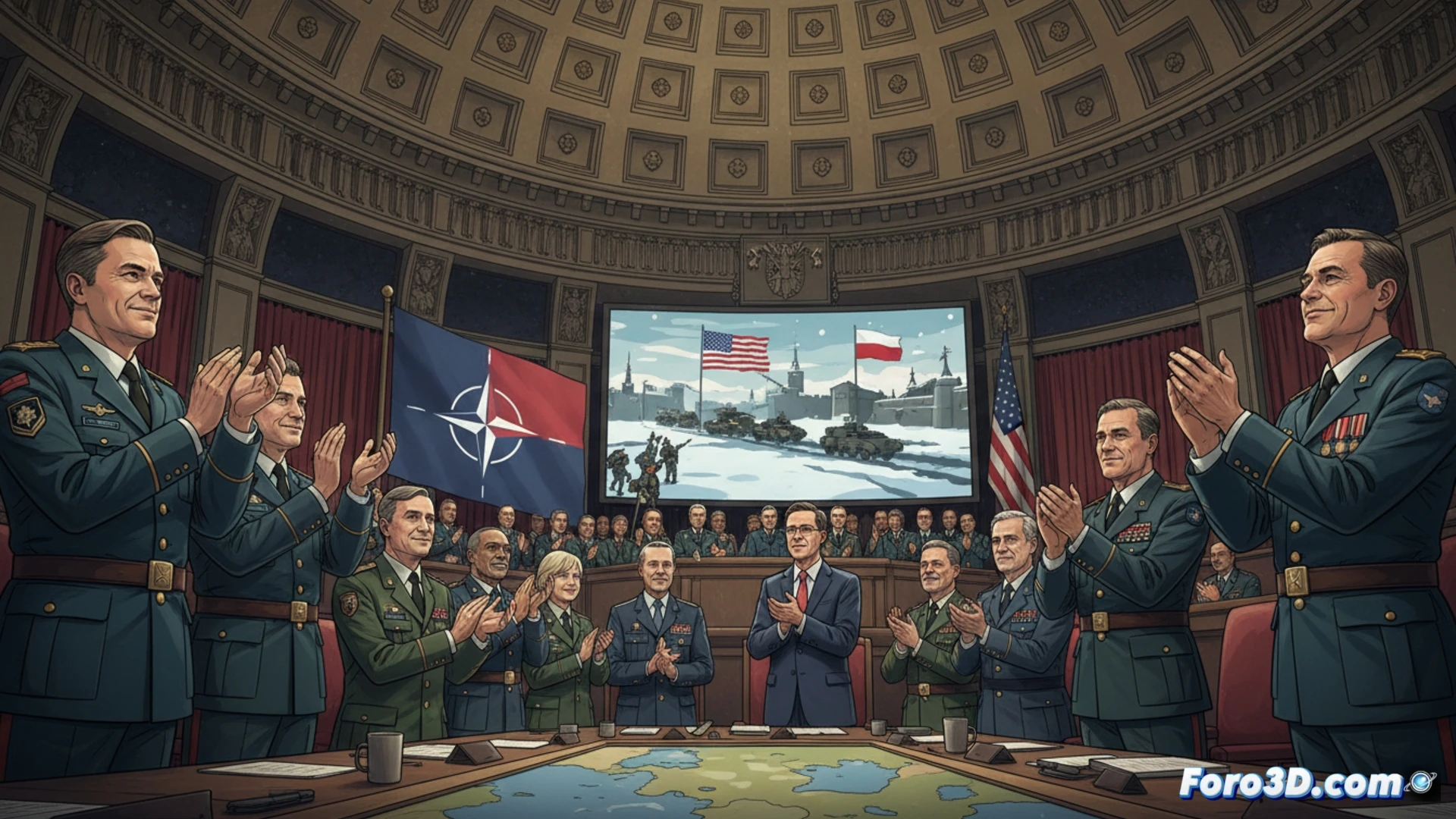 NATO military planners pointing at digital map of Poland on large screen, 5,000 soldier icons moving across border, command center with glowing tactical displays, officers analyzing troop deployment logistics, headsets and communication gear visible, cinematic photorealistic style, dramatic blue and amber control room lighting, ultra-detailed military hardware, strategic planning atmosphere, realistic technical visualization