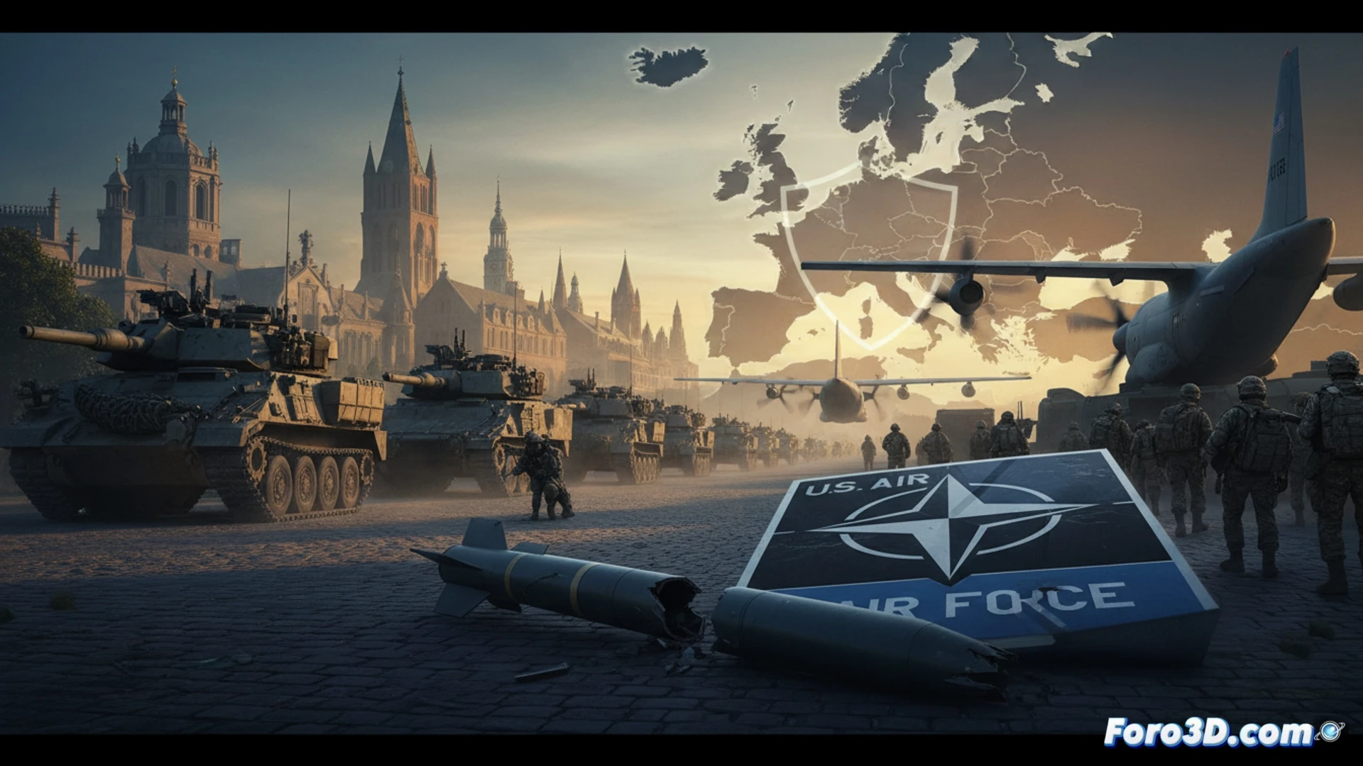 Aerial view of a NATO command center map table, military officers in uniform pointing at European deployment zones, a digital screen showing troop movement arrows from Germany to the US, missile launcher silhouettes being removed from a tactical diagram, photorealistic technical illustration, cold blue command room lighting, holographic terrain projections, officers reviewing logistics documents, gradual transition process visualized with fading unit markers, cinematic engineering visualization, ultra-detailed military hardware, dramatic shadows emphasizing strategic shift