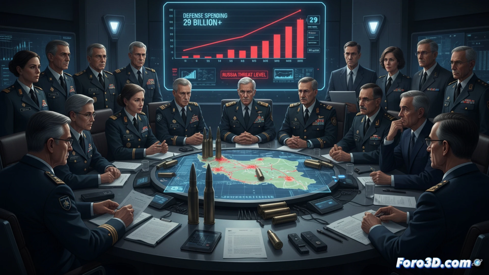 NATO military officials gathered around a holographic table displaying a massive globe, red depletion zones spreading across Iran, empty missile launchers and Patriot system components shown partially disassembled, supply chain engineers pointing at critical gaps in ammunition stockpiles, a digital counter showing $29 billion spent since May 2026, glowing red arrows indicating rapid consumption rates, dark conference room with blue tactical lighting, realistic technical visualization, cinematic industrial aesthetic, ultra-detailed military hardware, photorealistic engineering render