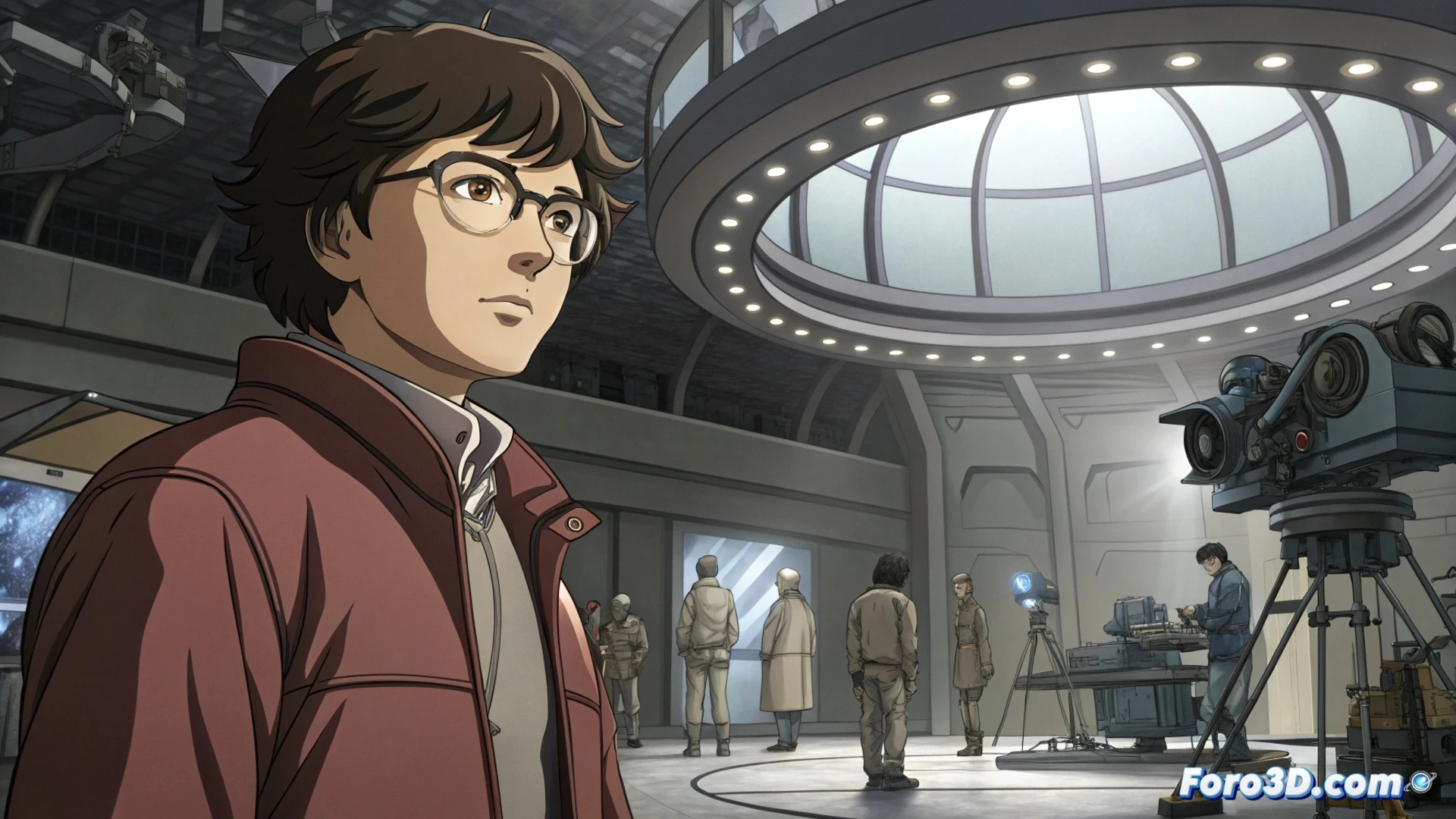 Katsuhiro Otomo en Oval Gear, bocetos de Akira y naves futuristas flotan tras él, estudio iluminado con pantallas de animación.