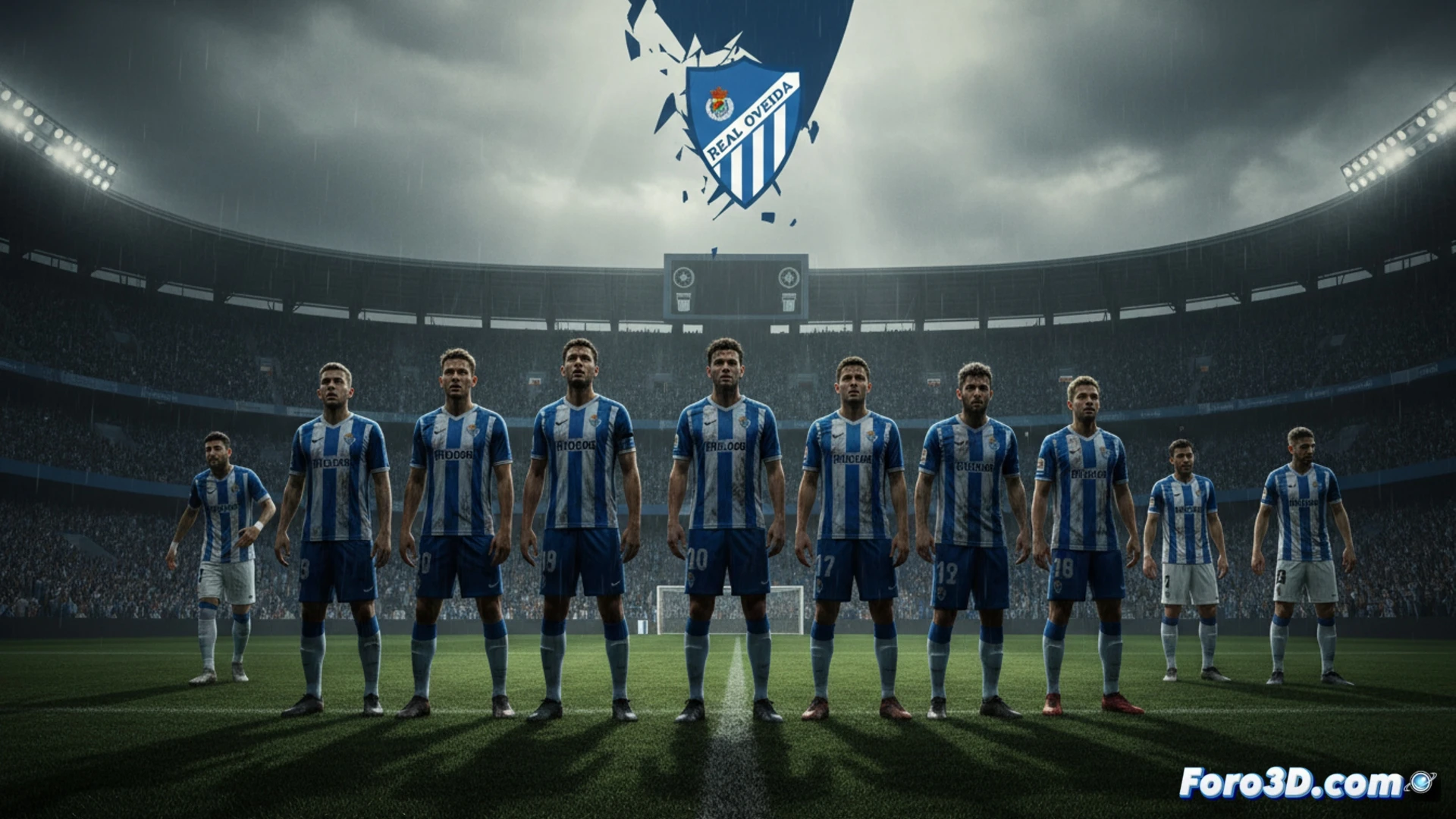 Un jugador del Oviedo cabizbajo en el campo, dos compañeros expulsados al fondo, marcador 0-0 y el equipo al borde del descenso.