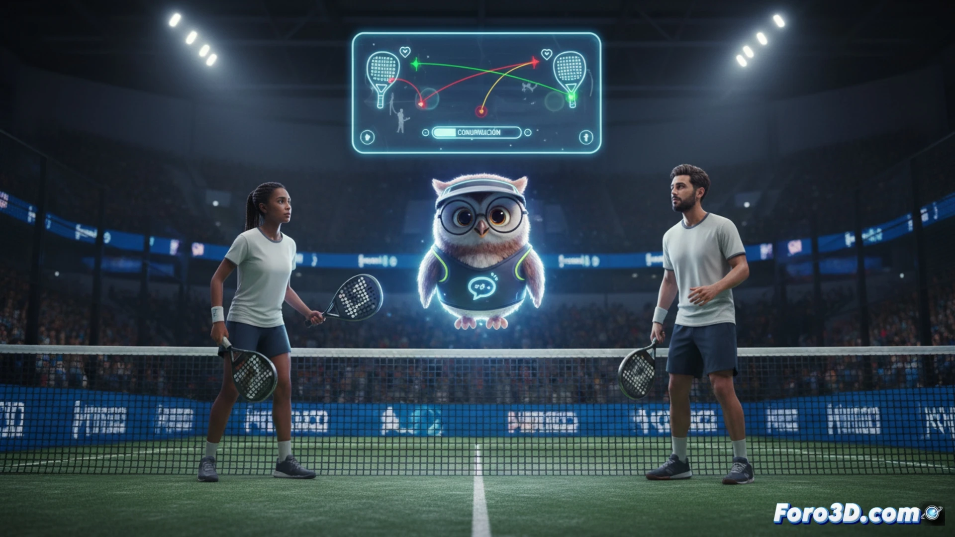 Two padel players standing on opposite sides of a glass court, mid-argument with crossed arms and frustrated expressions, a smartphone held by one player displaying a glowing replay app interface showing a tagged shot trajectory, the other player pointing at the screen while a transparent holographic overlay hovers above the phone showing a slow-motion freeze-frame of the ball hitting the line, soft blue light from the app contrasting with warm court lighting, photorealistic sports technology visualization, crisp shadows on the blue court surface, dynamic action frozen in time, hyper-detailed racket strings and court texture, cinematic dramatic tension