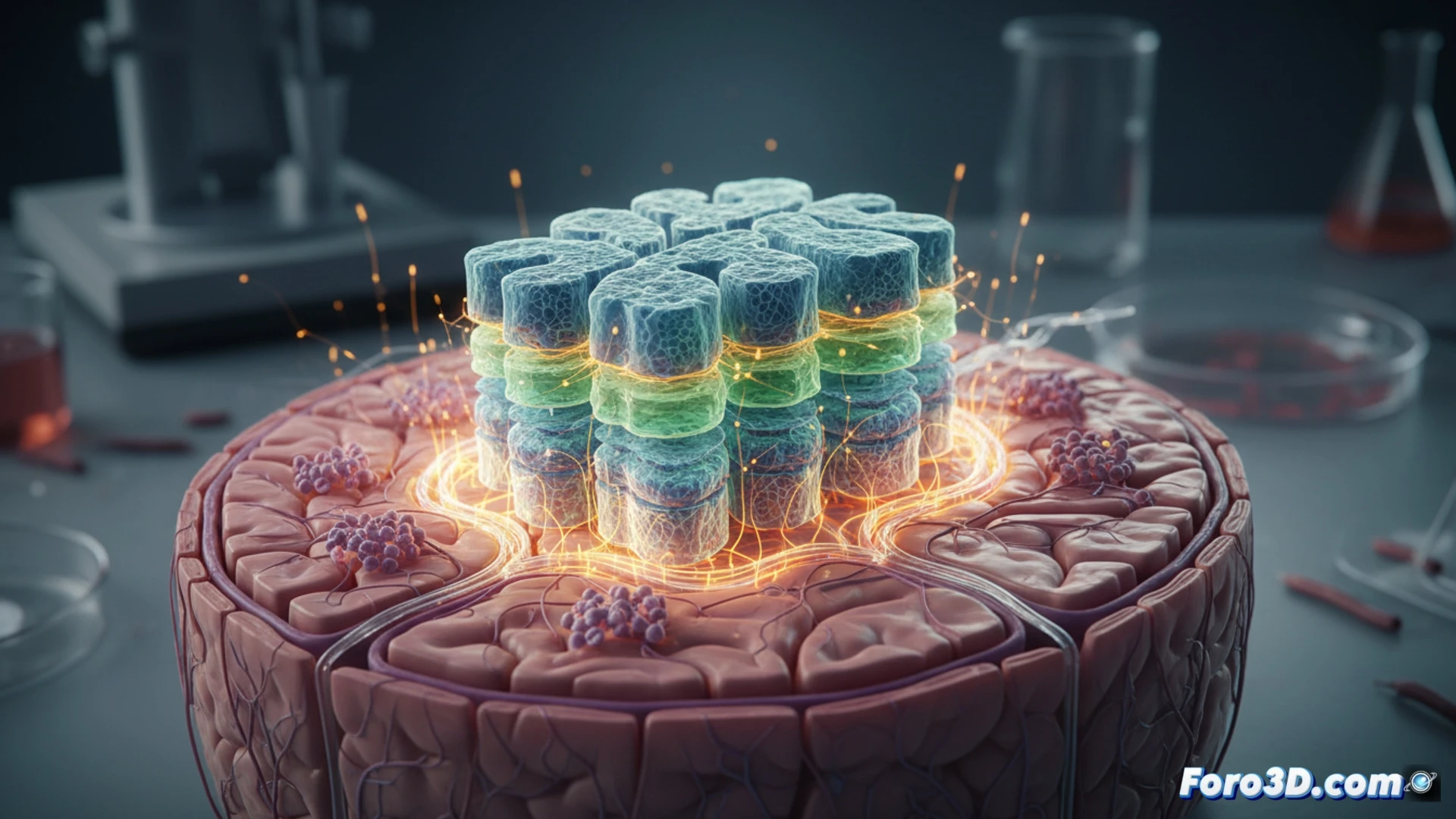 Descripción: Micrografía de tejido cerebral humano impreso en 3D implantado en cerebro de ratón, con capas corticales integradas y conexiones neuronales funcionales visibles.