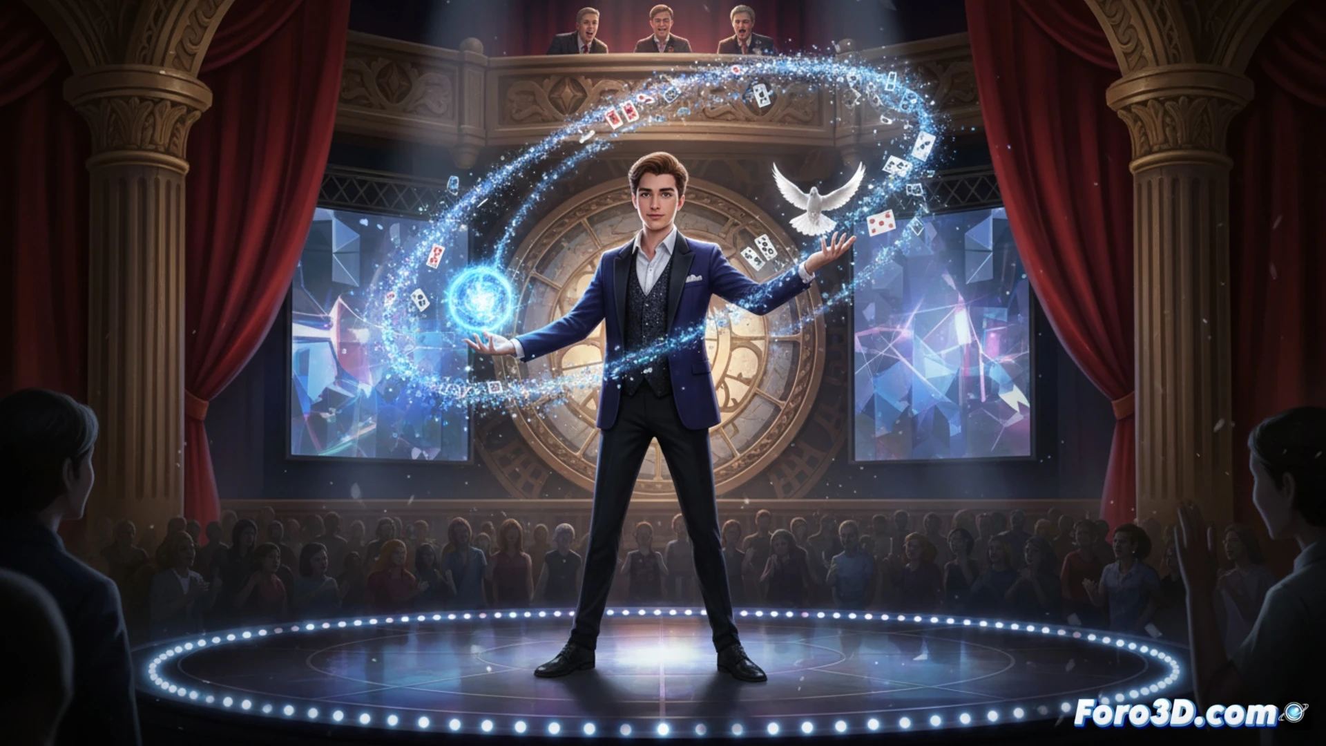 Pablo Quevedo, joven mago, en el escenario de Got Talent, con luces azules y plateadas, sosteniendo cartas y una varita.