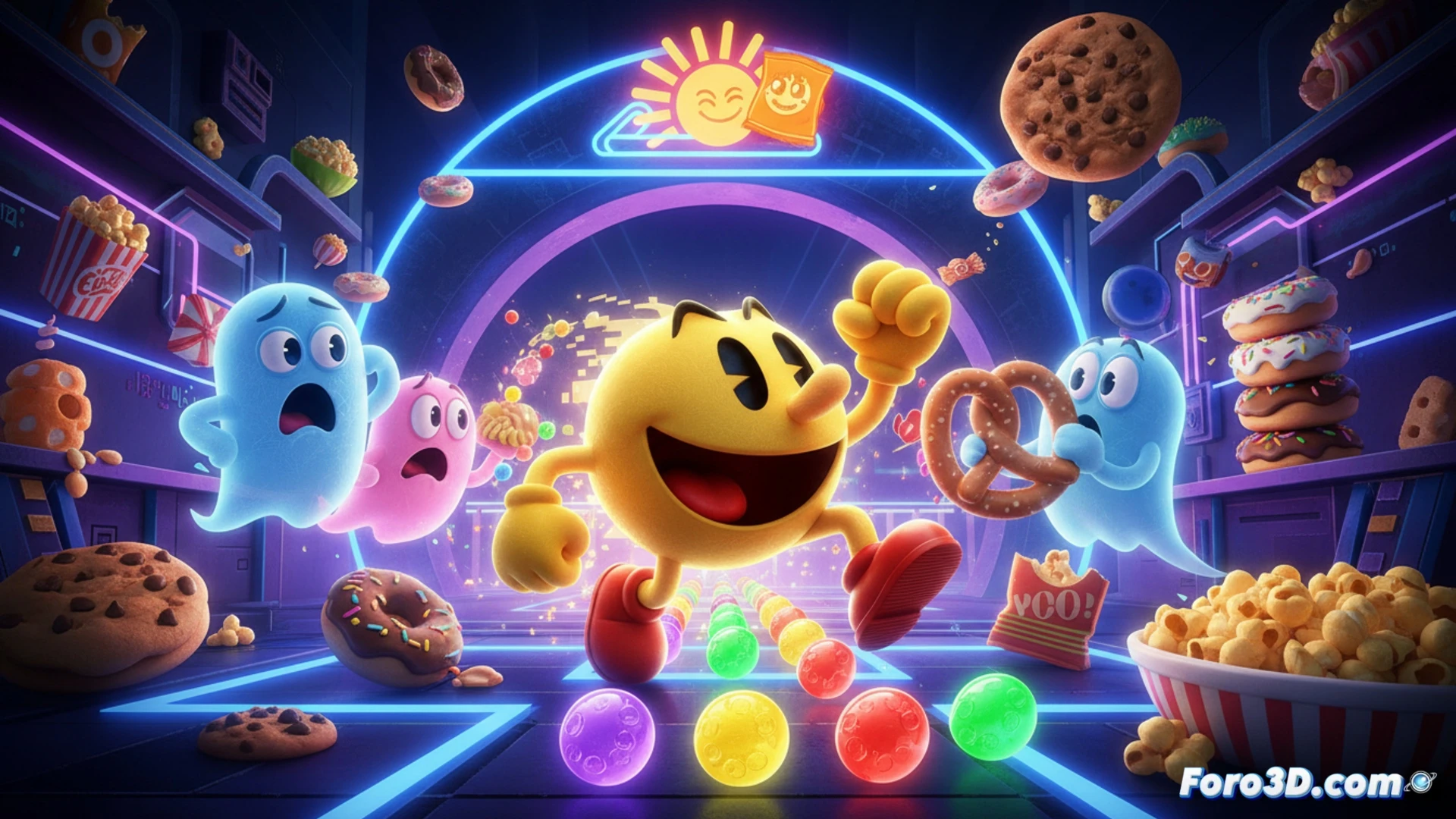 Pac-Man amarillo y brillante corre por un laberinto digital con estilo 3D, comiendo puntos luminosos.