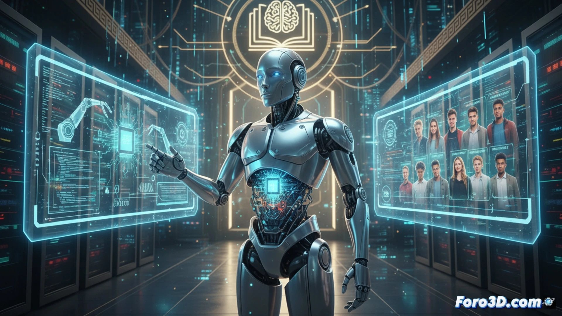 Humanoid robot PACO reviewing a student’s robotics project on a holographic interface, robotic hand pointing at a 3D AI model while analyzing code on a transparent screen, engineering blueprints and neural network diagrams floating nearby, action of evaluation in progress, cinematic technical illustration, sleek metallic humanoid with glowing blue joints, soft cool lighting from holograms, photorealistic engineering visualization, high detail on actuators and sensors, dramatic academic lab atmosphere