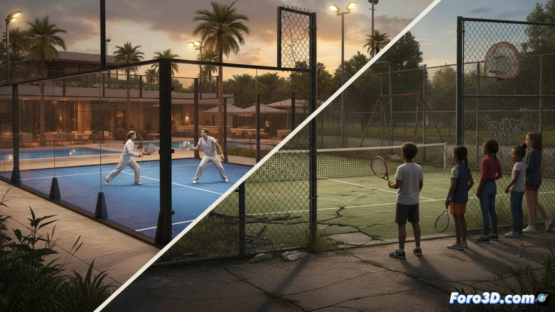 Aerial view contrasting two scenes: left side shows a luxury padel court with glass walls, manicured turf, and empty private benches; right side shows a neglected public park with cracked basketball court, overgrown grass, and a broken chain-link fence. A single child stands at the fence, watching the padel players through the gap. Dramatic split lighting: warm golden hour on the padel side, cold blue shadow on the park side. Cinematic architectural visualization, photorealistic urban contrast, hyper-detailed textures, moody atmospheric perspective, technical illustration style showing spatial inequality, no text or numbers visible.