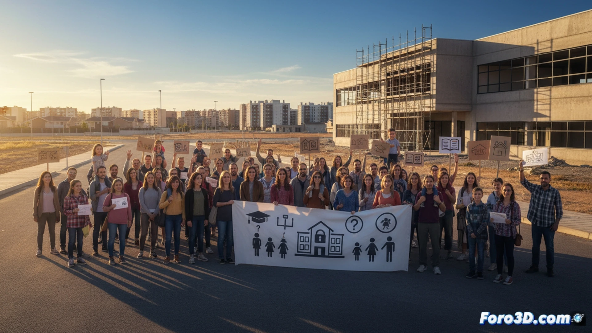 urban families protesting in front of a modern school building, parents holding empty school bags and placards, children sitting on the ground with no desks, school entrance blocked by a chain-link fence, overcrowded classrooms visible through windows, construction cranes in background showing unfinished school expansion, yellow school buses idling in a long queue, chaotic street scene with frustrated gestures, photorealistic cinematic documentary style, overcast dramatic lighting, wide-angle lens capturing tension and urgency, high detail on concrete structures and asphalt