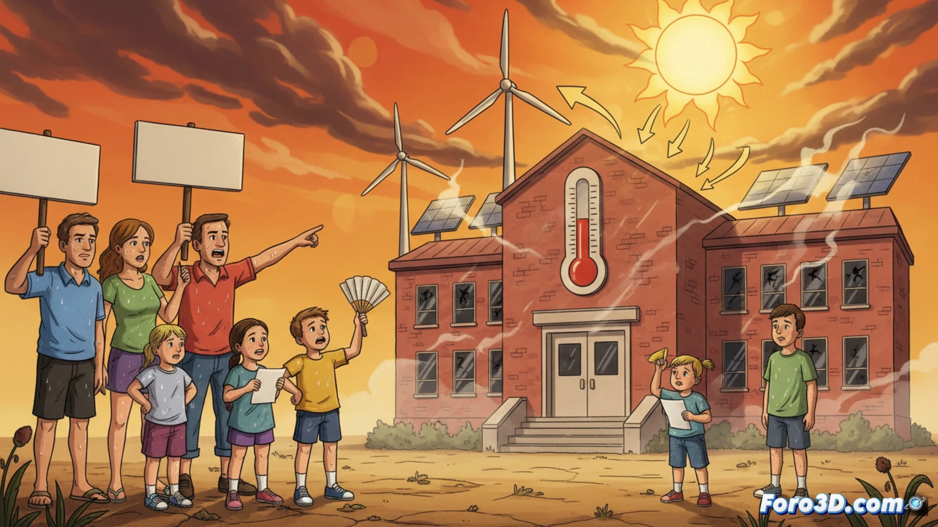 Padres y niños manifestándose frente a colegio público con fachada agrietada por calor, termómetro digital mostrando 40 grados celsius, ventiladores portátiles rotos en el suelo, pancartas de tela ondeando al viento con lemas visibles, ingenieros instalando paneles solares en el tejado del edificio, aislamiento térmico reflectante siendo desenrollado sobre la azotea, sistema de climatización por conductos en proceso de montaje, sol abrasador iluminando la escena, sudor en los rostros, estilo cinematográfico fotorrealista, iluminación natural intensa, texturas de ladrillo y asfalto, profundidad de campo, composición dinámica con acción simultánea