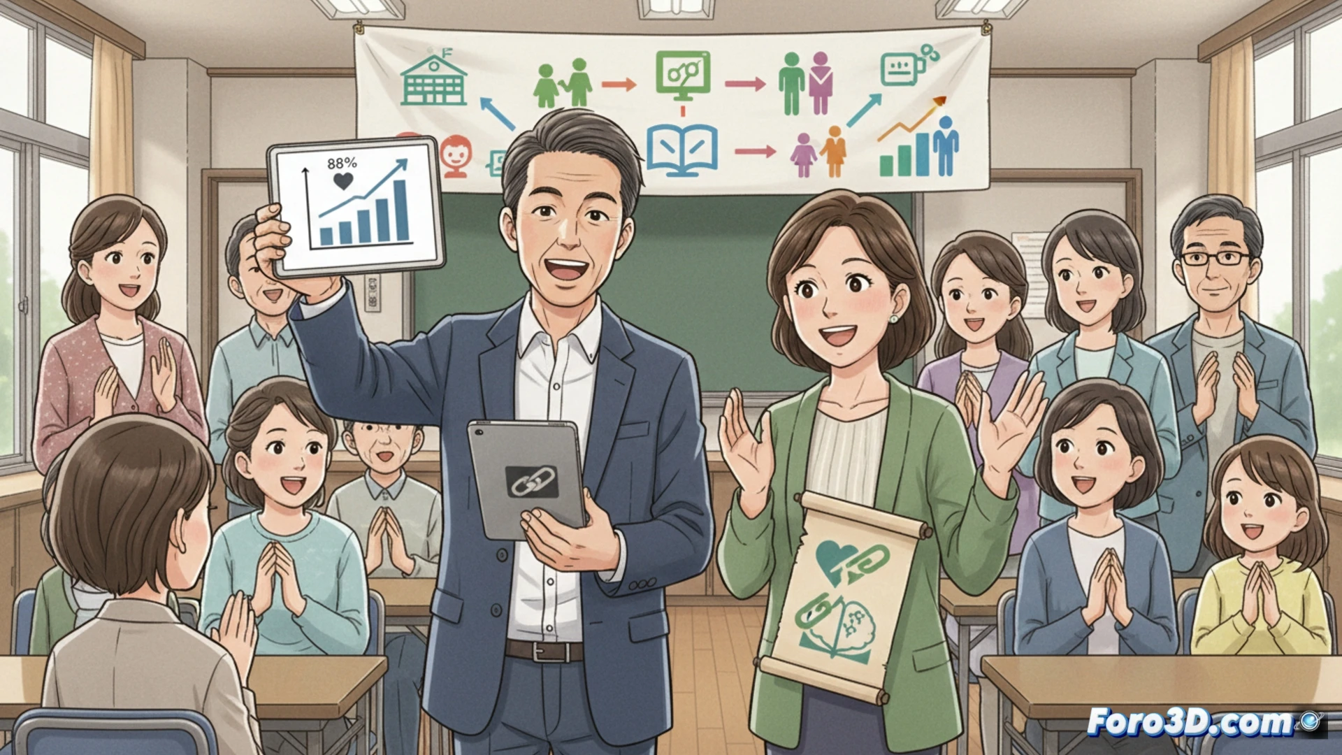 Japanese classroom scene, teacher demonstrating human anatomy on a digital tablet, parents observing through transparent wall, textbook with reproductive system diagrams open on desk, anatomical model of reproductive organs on shelf, students sitting at desks with laptops showing health education slides, 88% approval chart floating as hologram, cinematic photorealistic illustration, soft natural light from windows, neutral color palette with warm wood tones, focused expressions, modern educational technology, detailed facial features, clean architectural lines, technical illustration style