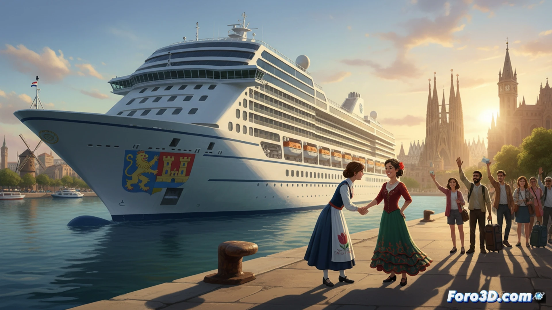 El primer ministro neerlandés estrecha la mano a un oficial español frente al crucero MV Hondius, con pasajeros desembarcando en Barcelona bajo un cielo nublado.