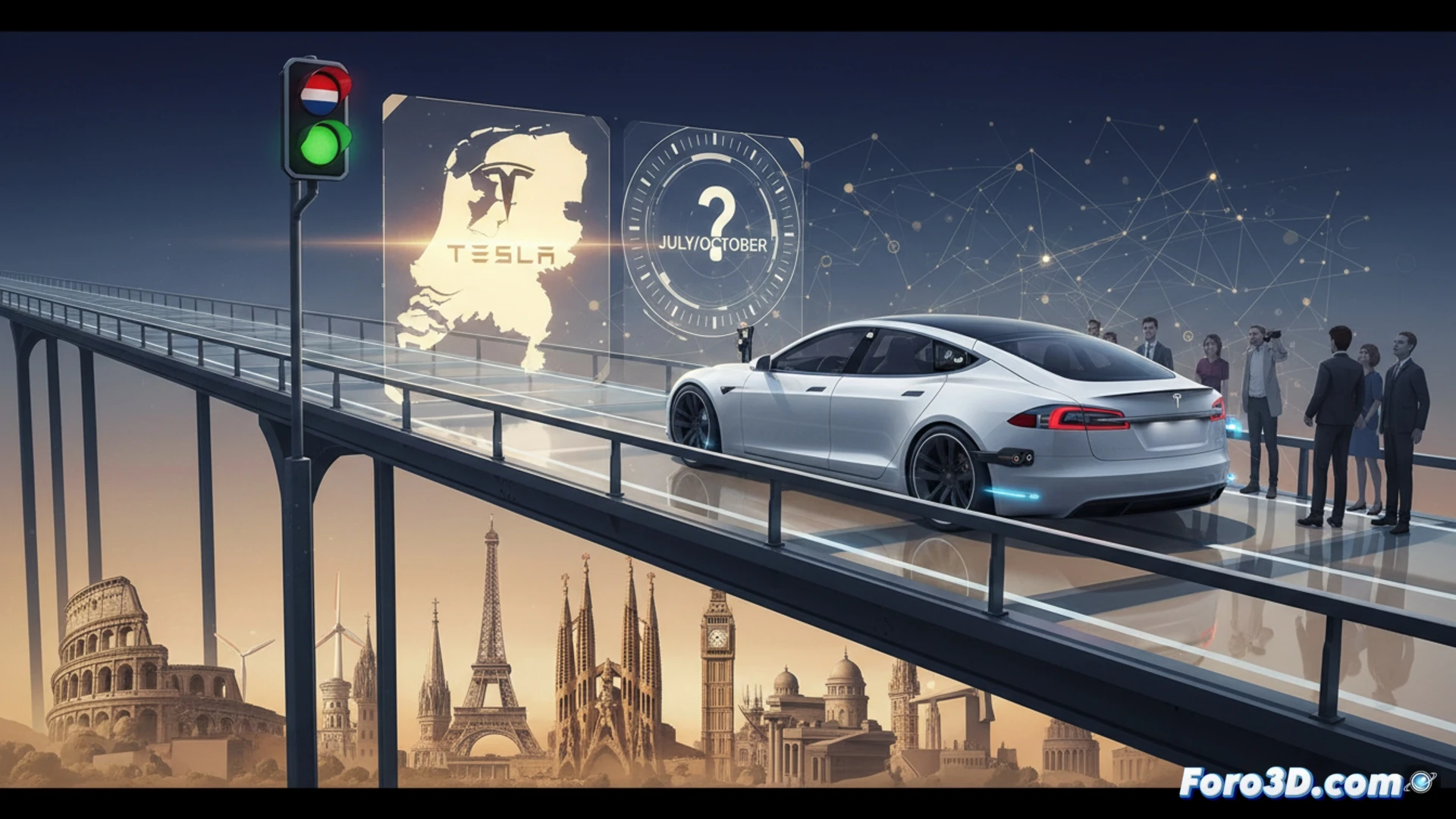 Tesla con luz verde en Países Bajos para FSD, con mapa de Europa al fondo y reloj marcando julio y octubre.