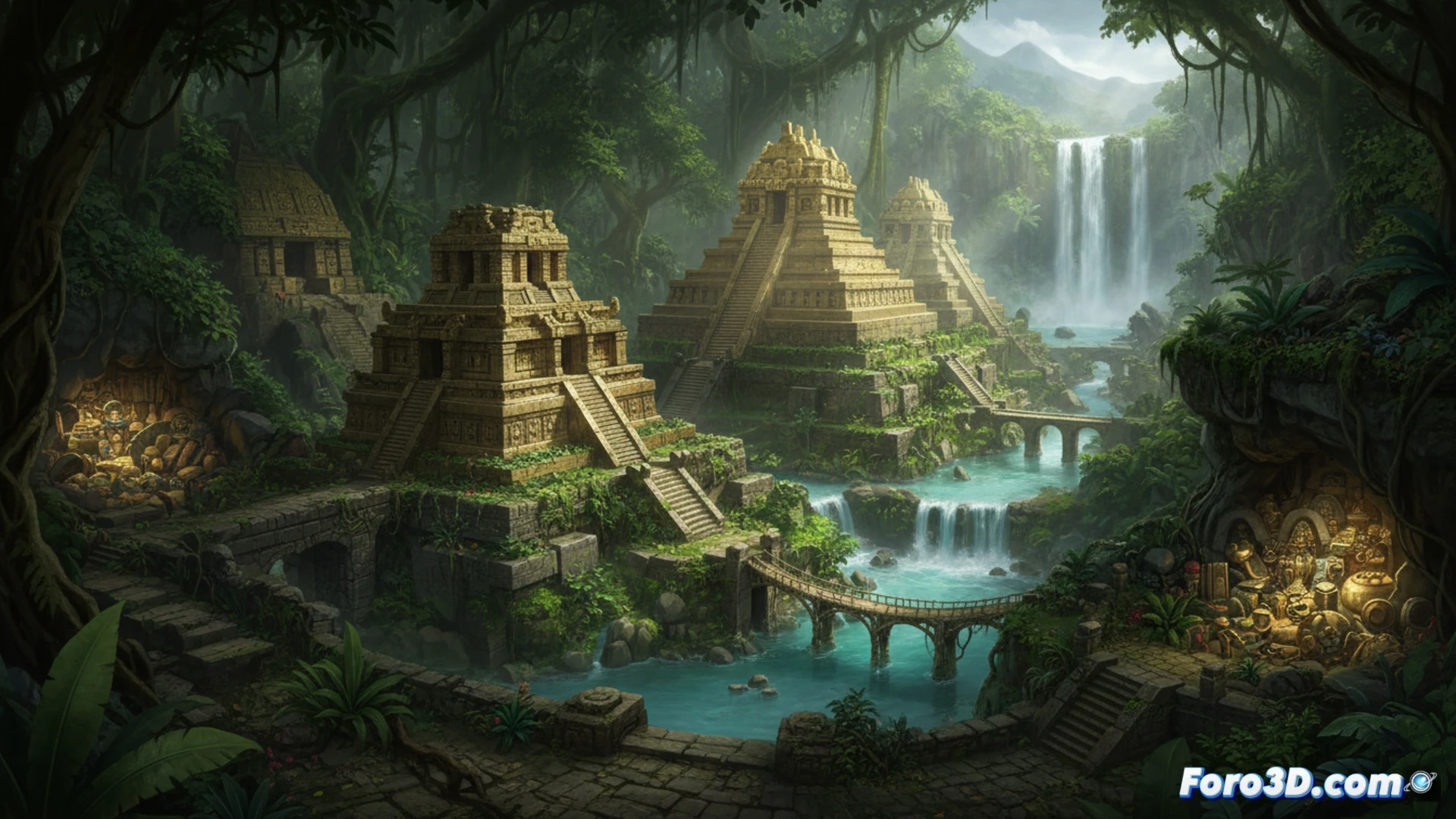 arqueólogos digitales examinando una maqueta 3D de Paititi en una tableta táctil, densa selva amazónica superpuesta en semitransparencia sobre ruinas incas doradas, un dron LiDAR sobrevolando el dosel mientras proyecta rayos de escaneo verde, herramientas de mapeo GIS visibles en la pantalla, estilo cinematic photorealistic, iluminación de atardecer tropical filtrándose entre hojas, sombras profundas, texturas de piedra andina erosionada y vegetación húmeda, sensación de descubrimiento técnico y misterio arqueológico