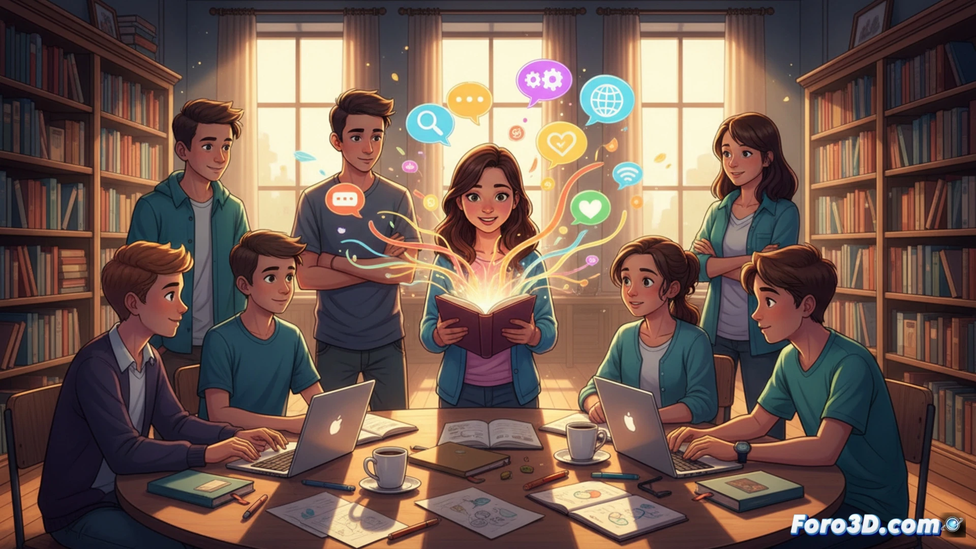 Una joven sonríe frente a un libro abierto con palabras como 'identidad' y 'respeto'; a su lado, un globo terráqueo y un móvil simbolizan escuela, internet y relaciones.
