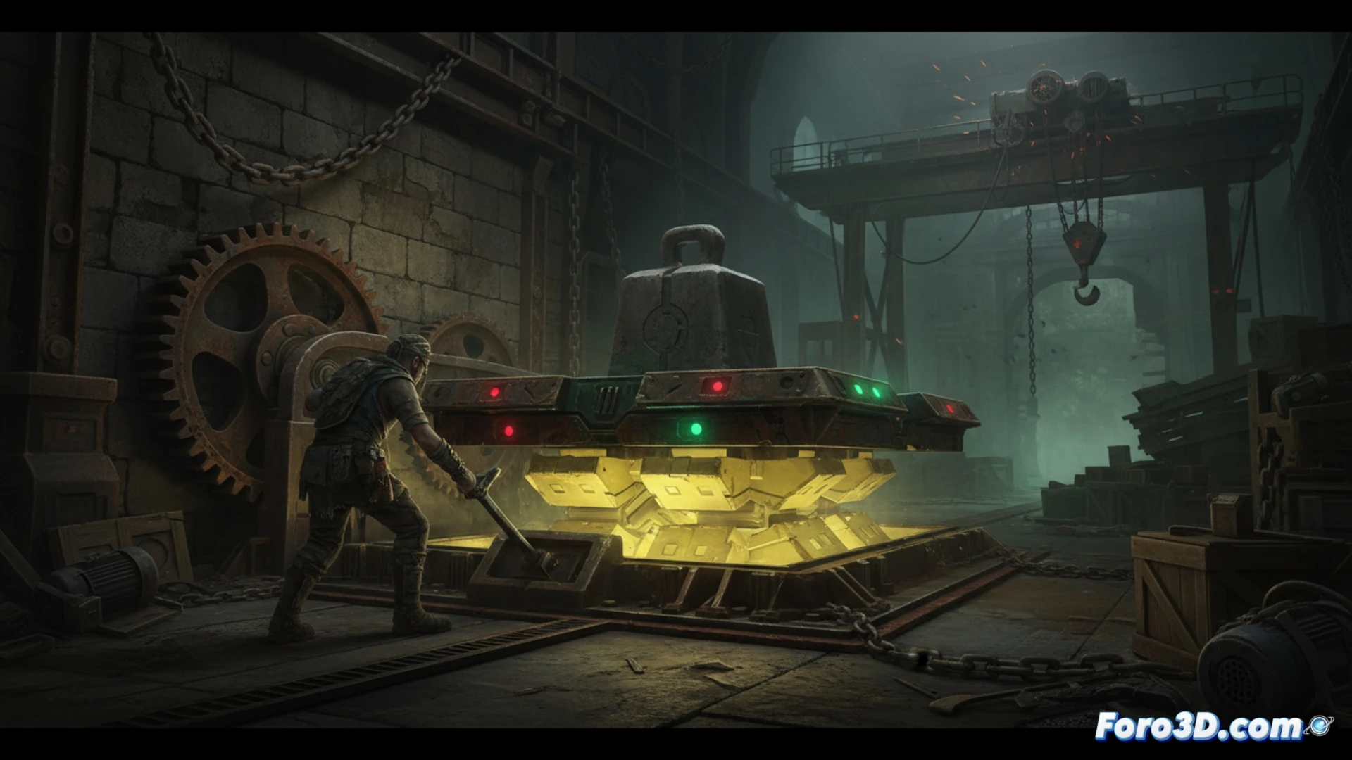 Cinematic engineering visualization of a mechanical puzzle in a dim industrial cobertizo, a metal palanca being inserted into a wall mechanism, a heavy platform sliding sideways to reveal a yellow-edged structure, red lights shifting to green as weight is applied, a deactivated crane blocking the entrance, scattered broken objects on the floor, metallic gears and cables visible, dramatic shadows, photorealistic technical render, ultra-detailed industrial textures, action of lever placement and weight activation
