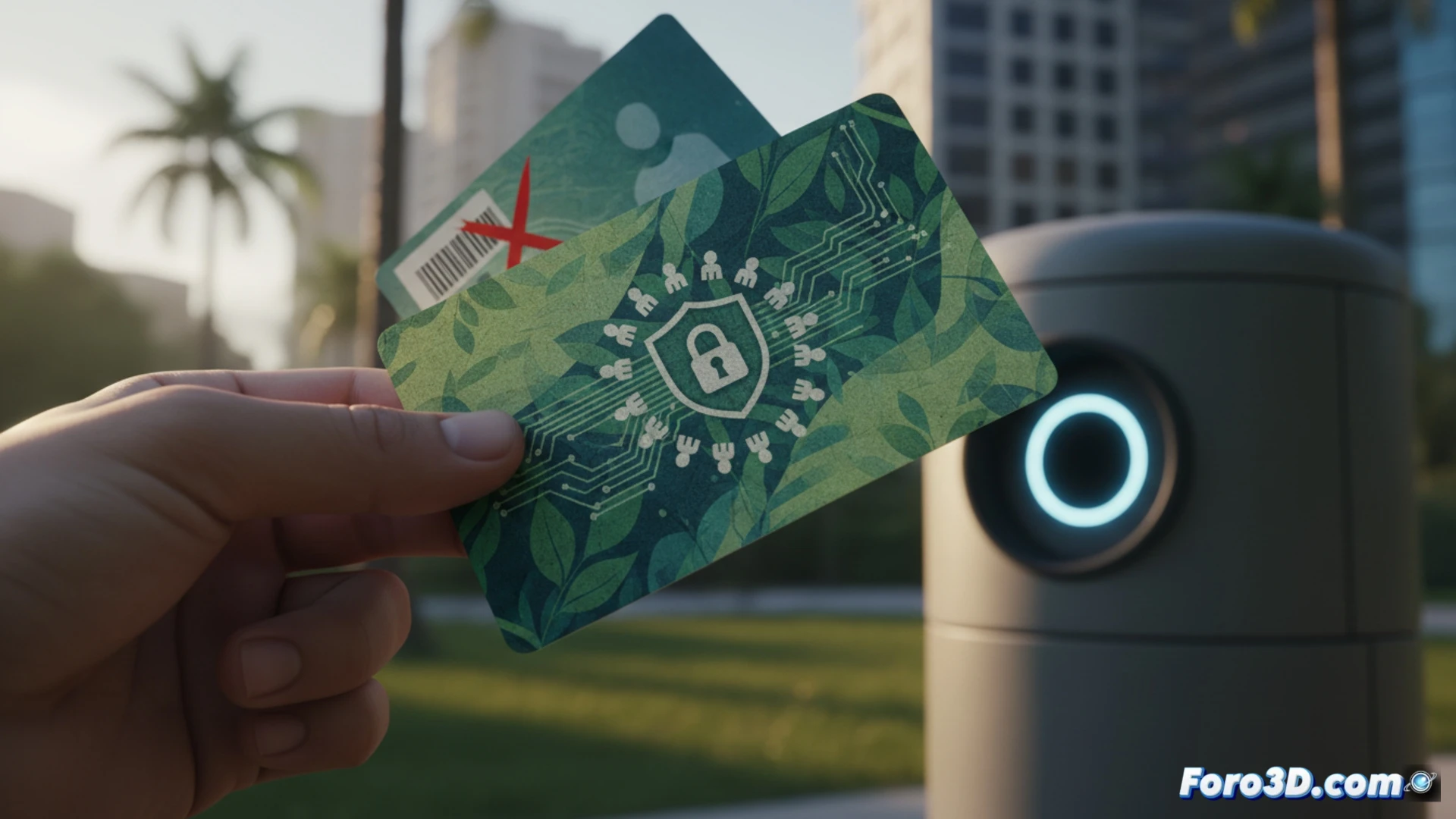 Ayuntamiento de Palma emitiendo nuevas tarjetas de reciclaje anónimas, empleado municipal entregando tarjeta blanca sin nombre a un vecino frente a contenedor marrón de residuos orgánicos, sistema digital en tablet mostrando icono de privacidad activado, fondo de calle empedrada con farola, cámara de vigilancia con señal de prohibido datos personales superpuesta, estilo photorealistic technical illustration, iluminación natural suave de atardecer, textura plástica mate en tarjeta, detalles de ranura lectora en contenedor, composición limpia y funcional