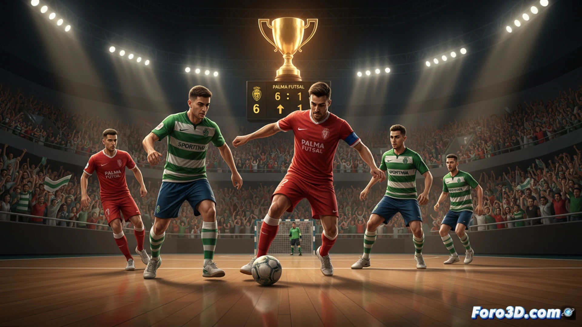 Jugadores del Palma Futsal celebran una remontada épica; al fondo, el Sporting de Portugal espera en la final de la Champions.