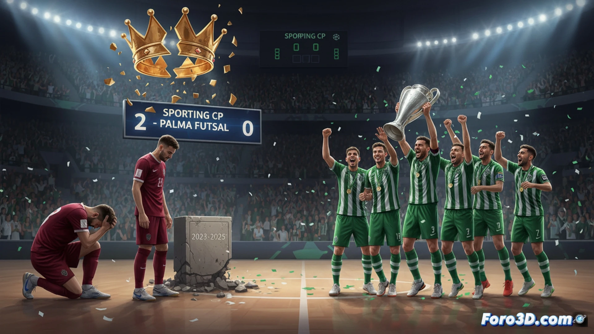 Jugadores del Palma Futsal, cabizbajos y de rodillas, observan cómo el Sporting de Portugal levanta el trofeo de la Champions League de fútbol sala.