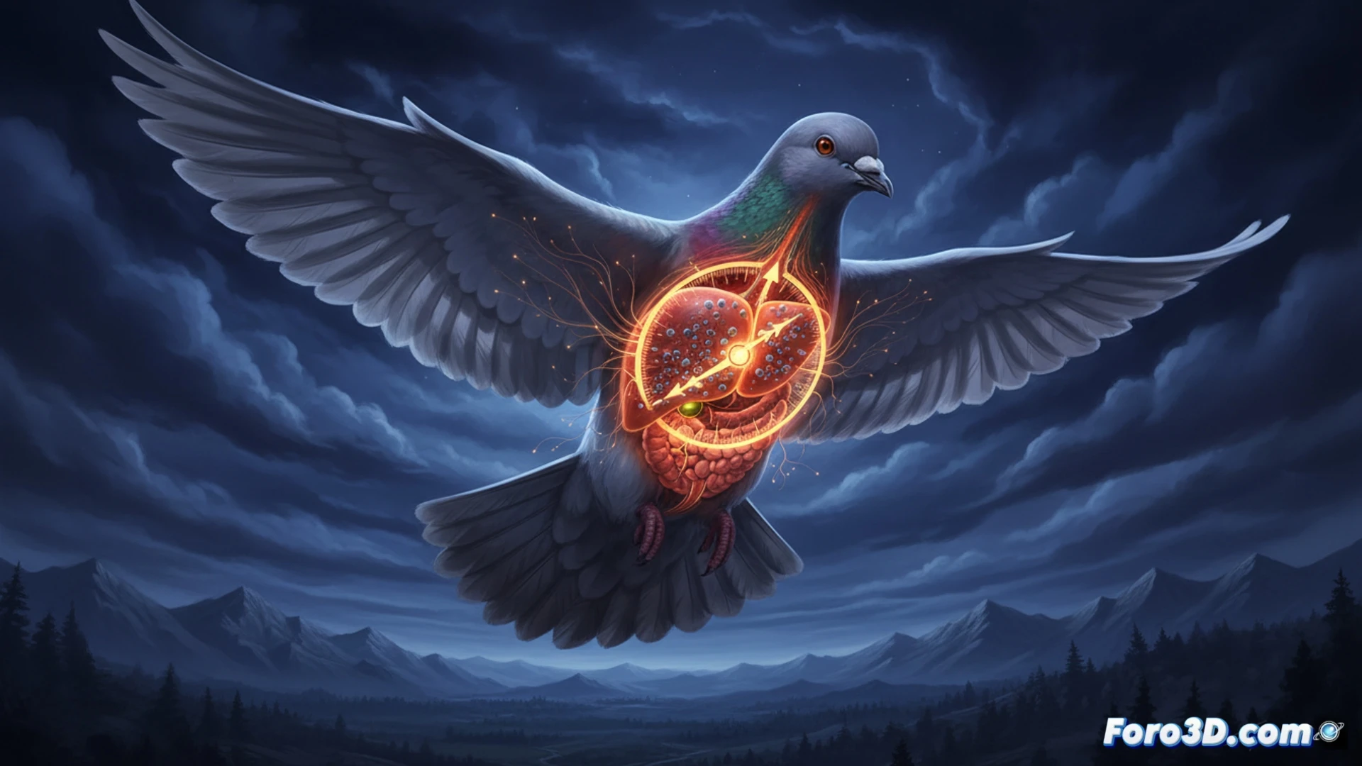 Photorealistic internal biological scene, cross-section of pigeon liver tissue showing glowing iron-accumulating immune cells acting as a magnetic compass, cloudy sky visible through translucent liver membrane, bird silhouette navigating without sunlight, cellular structures with metallic iron deposits arranged in alignment lines, microscopic magnetic field visualization, detailed cellular anatomy, cinematic medical illustration style, dramatic bioluminescent lighting, ultra-realistic organic textures, technical biological render