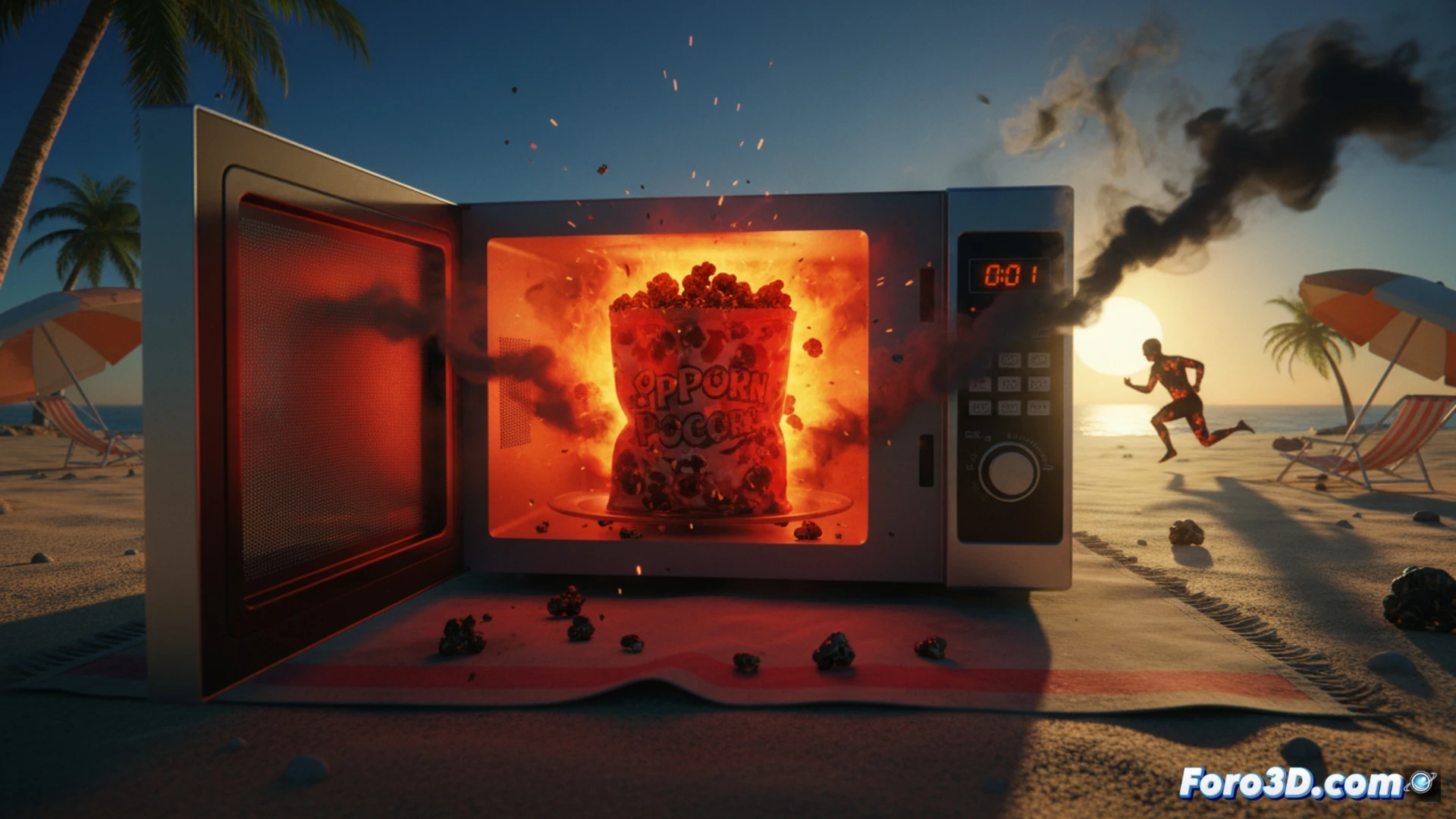Cinematic scene of a microwave interior during popcorn explosion, glowing orange-hot kernels reaching 200 degrees Celsius, smoke rising from carbonized grains, burnt bag edges smoldering, sunlit beach visible through kitchen window in background contrasting extreme heat sources, technical visualization showing temperature gradient from cool blue to fiery red on kernels, realistic photorealistic render, dramatic lighting with sparks and steam, ultra-detailed charred textures, high-speed action capturing moment of ignition