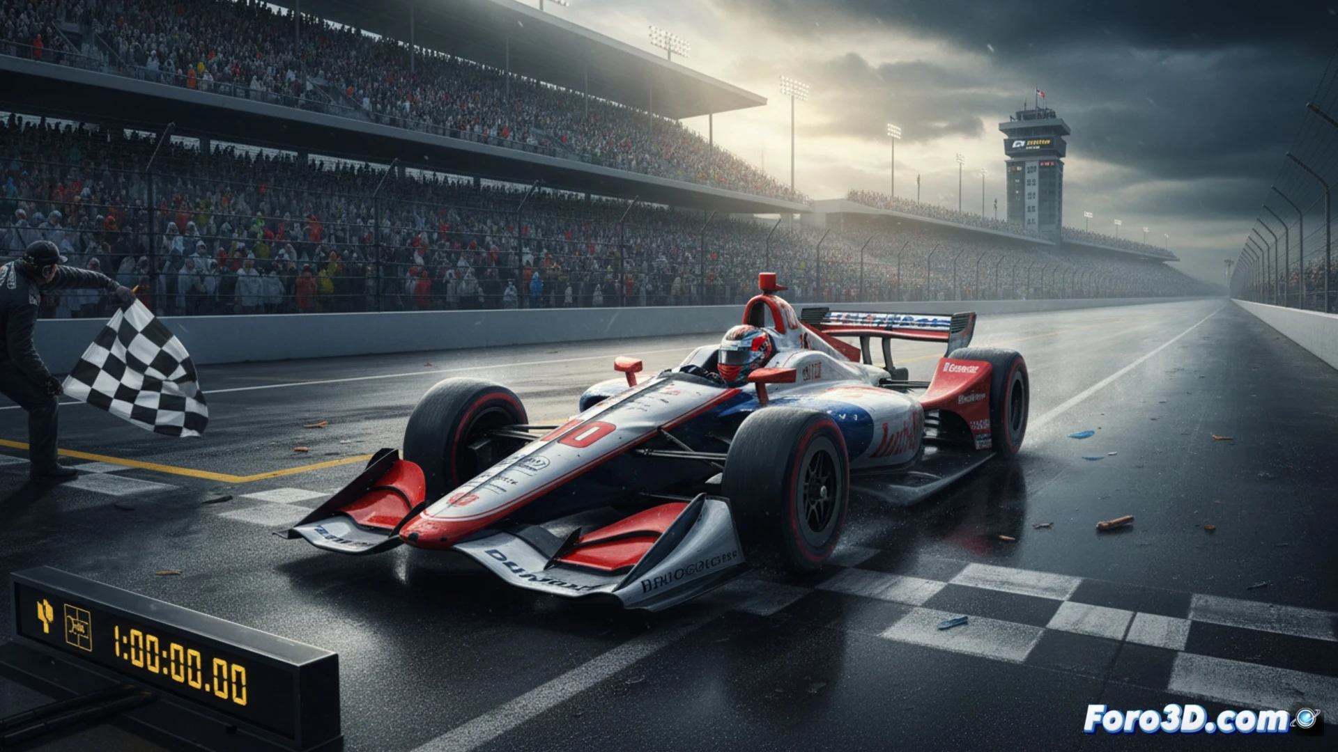 Dramatic moment during Indianapolis 500 qualifying, open-wheel IndyCar racing at high speed on oval track, rear wing generating visible aerodynamic downforce, tire smoke from intense acceleration, track surface wet from earlier rain, low-angle shot capturing car sidepod and suspension components under stress, cinematic motorsport photography style, motion blur on background grandstands, dramatic overcast sky lighting, ultra-detailed carbon fibre texture, photorealistic racing scene
