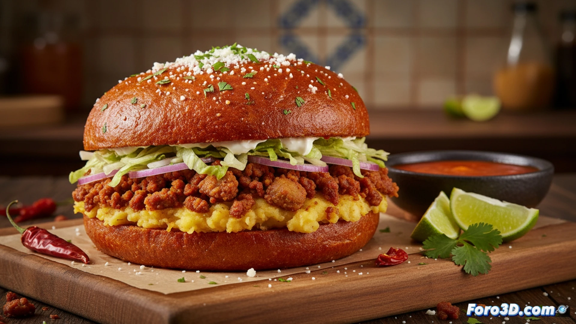 Pambazo mexicano: pan de telera bañado en salsa roja de chile guajillo, relleno de papa con chorizo, con crema, queso y lechuga.