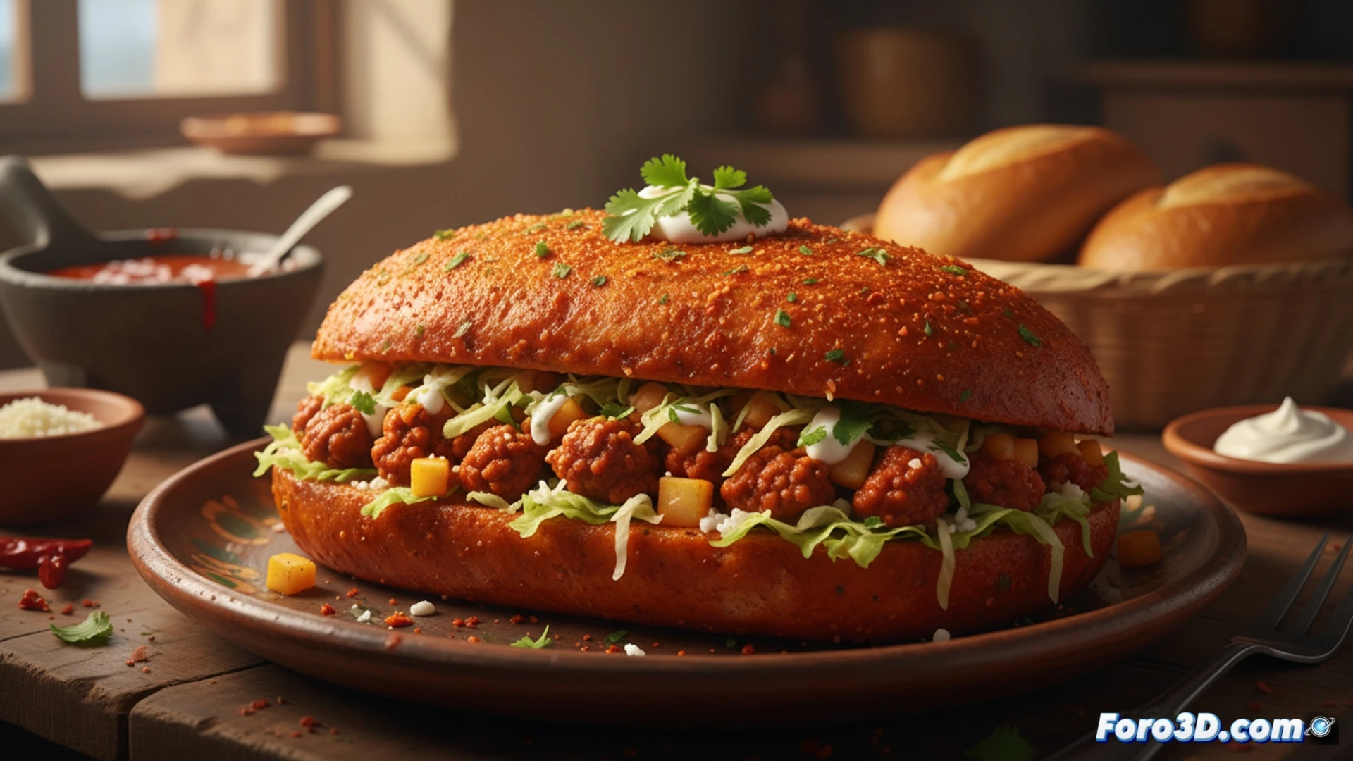 Pambazo mexicano recién preparado: pan bañado en salsa roja de chile guajillo, relleno de papa y chorizo dorado, con textura esponjosa.