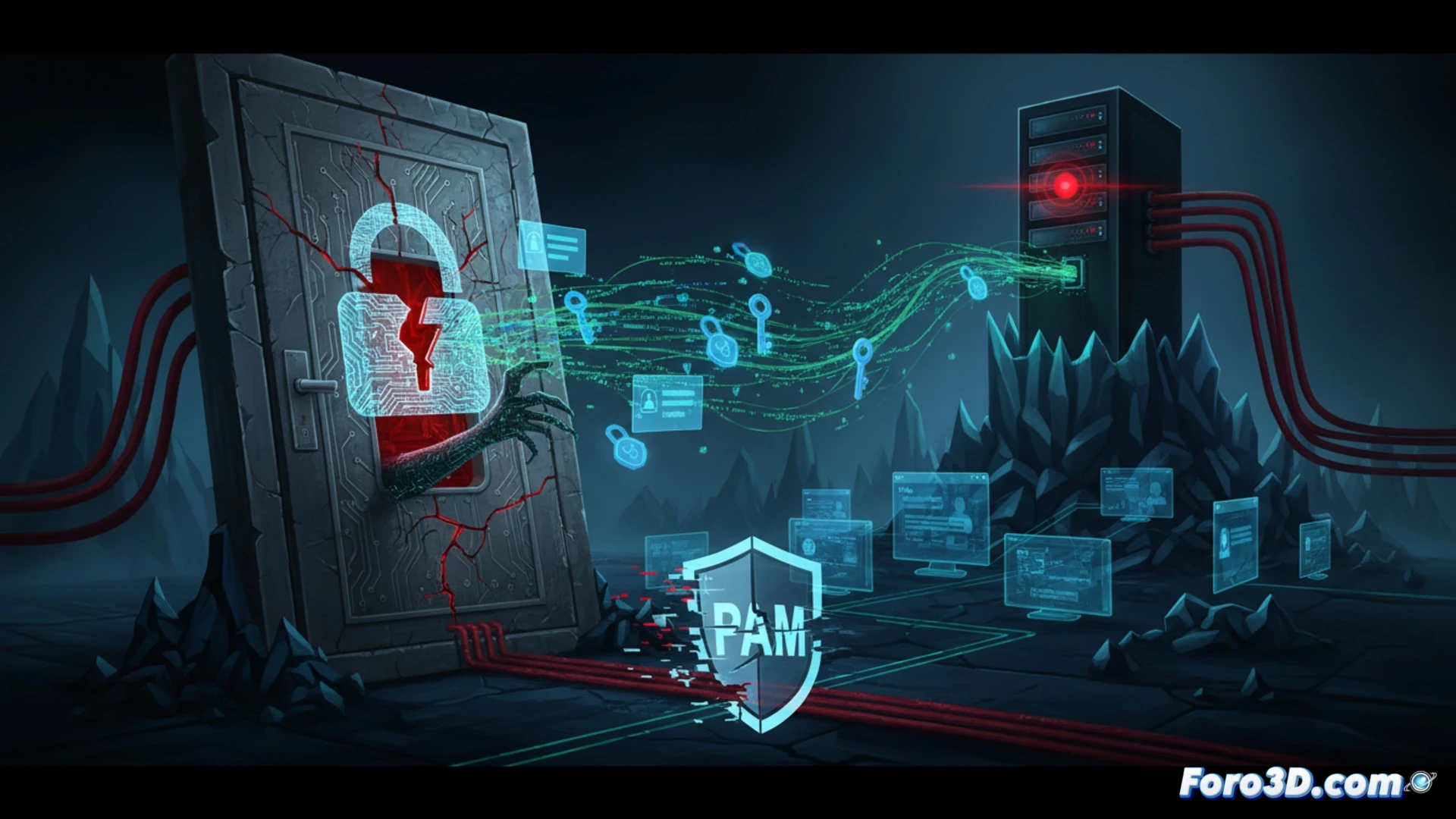 Una terminal Linux con código malicioso; engranajes y una caja de Pandora abierta emiten luz roja, simbolizando el backdoor PamDOORa robando credenciales SSH.