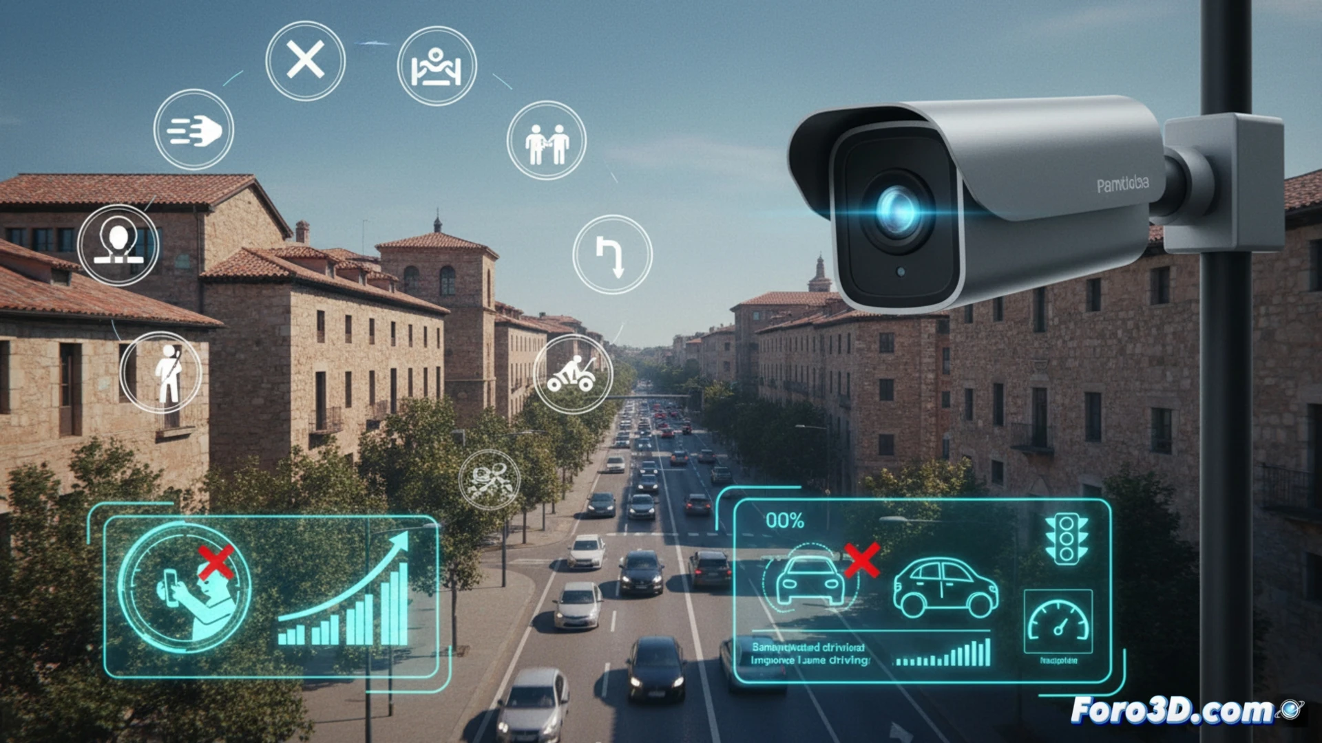 urban street intersection in Pamplona at dusk, four compact AI radar units mounted on metallic poles without visible cabins, each unit scanning traffic with subtle blue sensor glows, a car approaching while its driver checks a smartphone, the system simultaneously detecting mobile phone use, speeding, and lack of seatbelt, real-time data streams visualized as translucent holographic overlays showing eight violation types, traffic flow with blurred headlights in background, cinematic photorealistic technical illustration, high-contrast lighting, sharp focus on radar hardware and driver action, detailed electronic components visible inside transparent panels