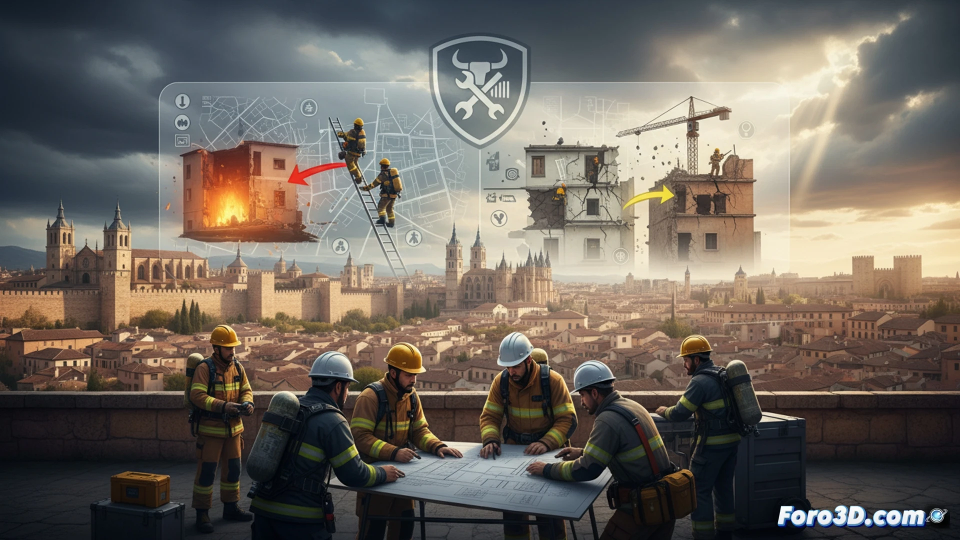 Ayuntamiento de Pamplona, equipo técnico municipal inspeccionando fachada de edificio histórico dañada por incendio, bomberos revisando grietas estructurales con drones y sensores láser, ingenieros civiles analizando planos en tabletas resistentes, grúa de reparación elevando vigas metálicas, humo gris saliendo de ventanas rotas, escombros en calle adoquinada, estilo cinematográfico realista, iluminación de atardecer naranja y sombras dramáticas, texturas detalladas de ladrillo y hormigón, ultradefinición técnica.