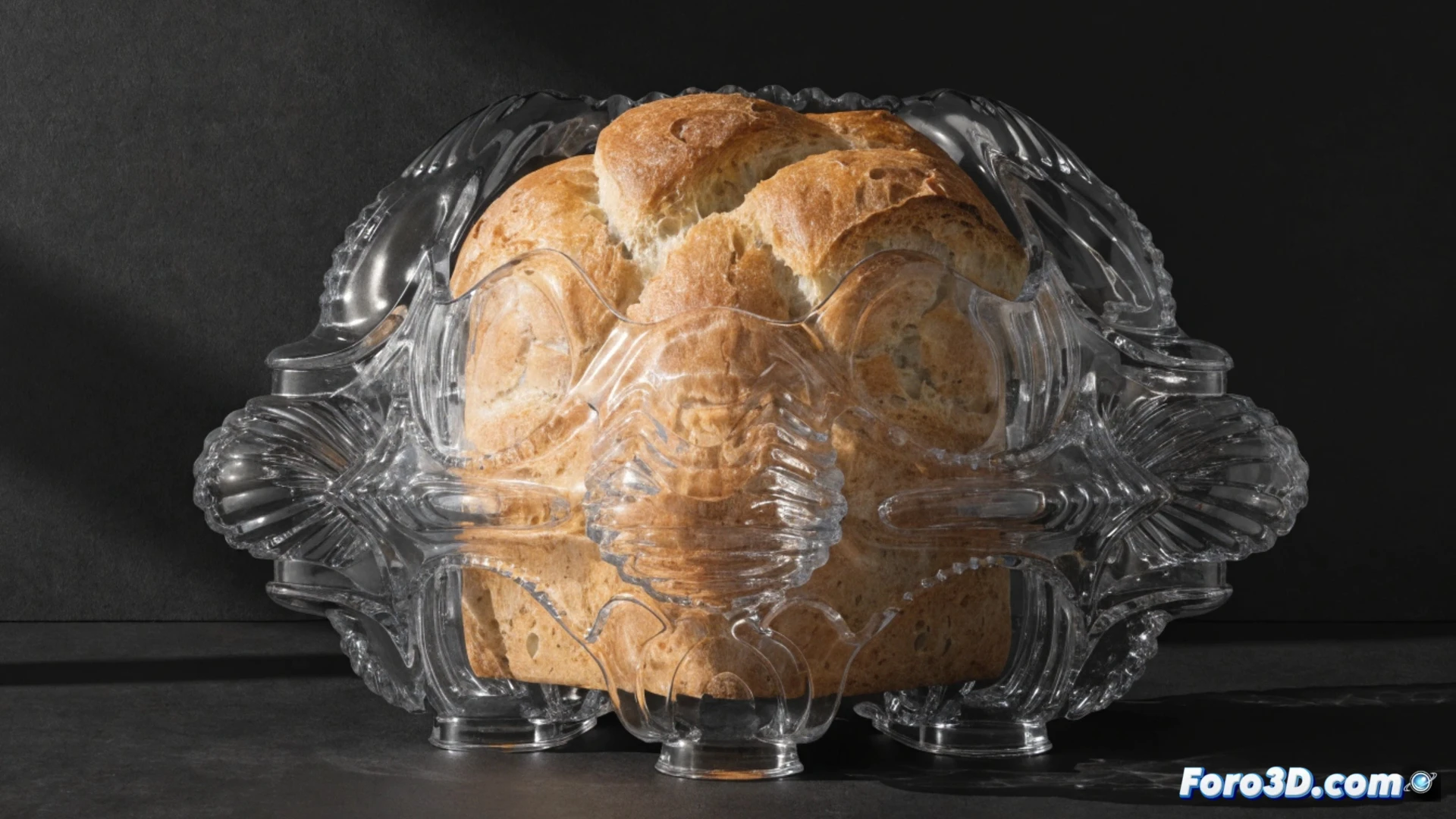 Una hogaza de pan con formas geométricas imposibles sale de un molde impreso en 3D; canales de ventilación visibles bajo luz cálida de horno.