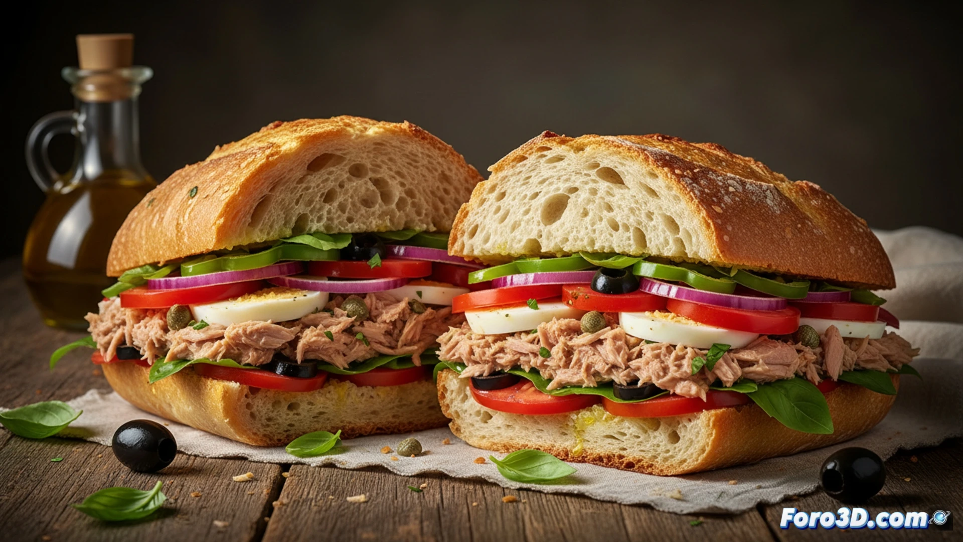Descripción: Pan bagnat relleno de atún, huevo duro y aceitunas, prensado sobre tabla rústica con aceite de oliva y pimientos.