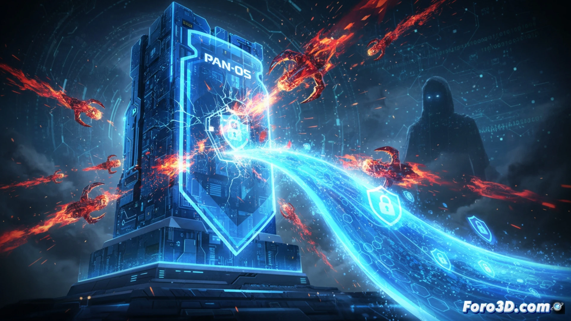 Ilustración de un firewall digital con grietas rojas brillantes, sobre fondo oscuro, mientras un código malicioso fluye hacia adentro desde múltiples puntos.