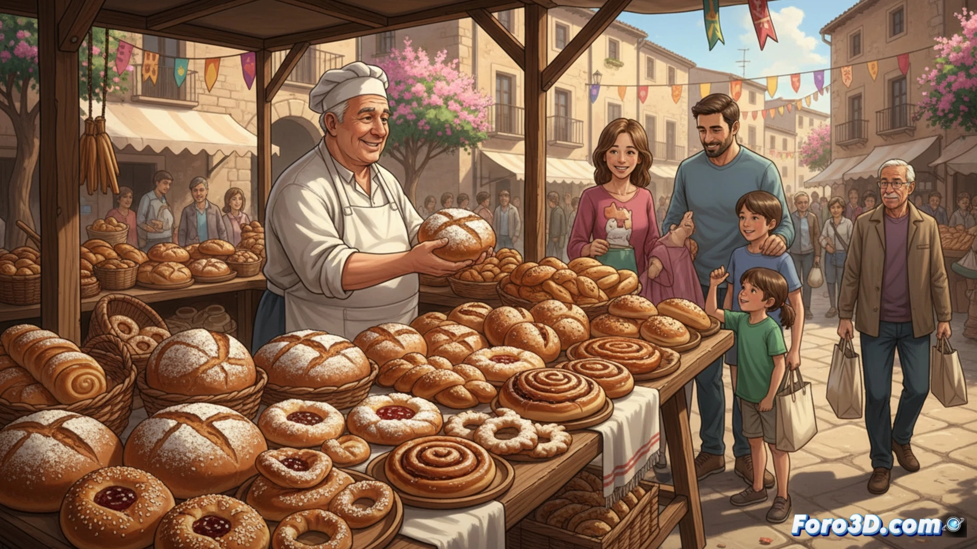 Una calle adoquinada de Campos, llena de puestos de pan y repostería tradicional, con vecinos y visitantes degustando bajo toldos blancos.