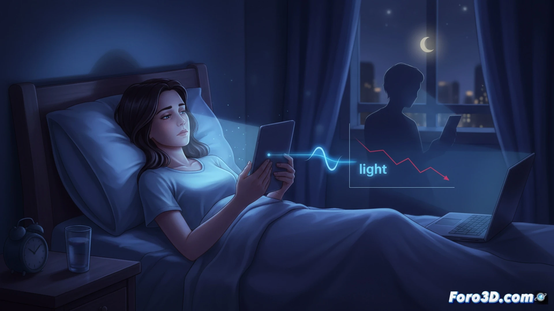 Una mano sostiene un móvil brillante en la oscuridad, su luz azul choca contra un rostro somnoliento; al fondo, la luna y un reloj marcan la noche.