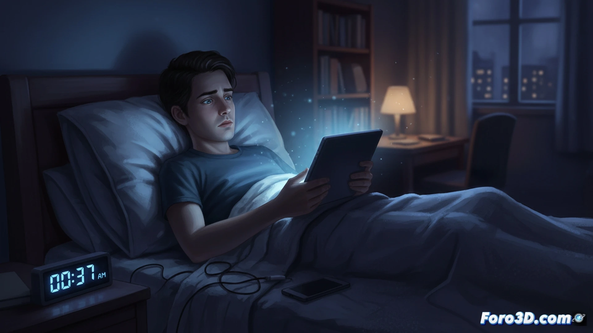 Una habitación oscura, un móvil iluminado a las 23:00. Una silueta en la cama sostiene el dispositivo, cuyo resplandor azul impacta en su rostro. Reloj en la mesita marca la 1:00. Melatonina en descenso.