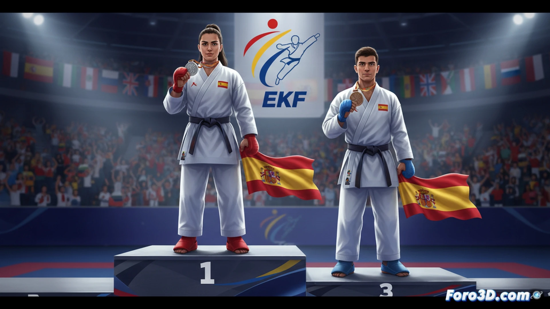Karate athletes in dynamic combat pose during European championship, Paola García executing a precise side kick with competition gi flowing, Raúl Martín demonstrating a kata sequence with controlled hand positions, official tatami mat with European Karate Federation markings visible, judges in background with scoring flags, dramatic arena lighting from overhead spotlights, sweat droplets frozen mid-air, intense concentration on faces, photorealistic sports photography style, shallow depth of field, motion blur on striking limbs, red and blue protective gear contrasts, crowd silhouettes in dim background, ultra-detailed fabric textures, cinematic action shot
