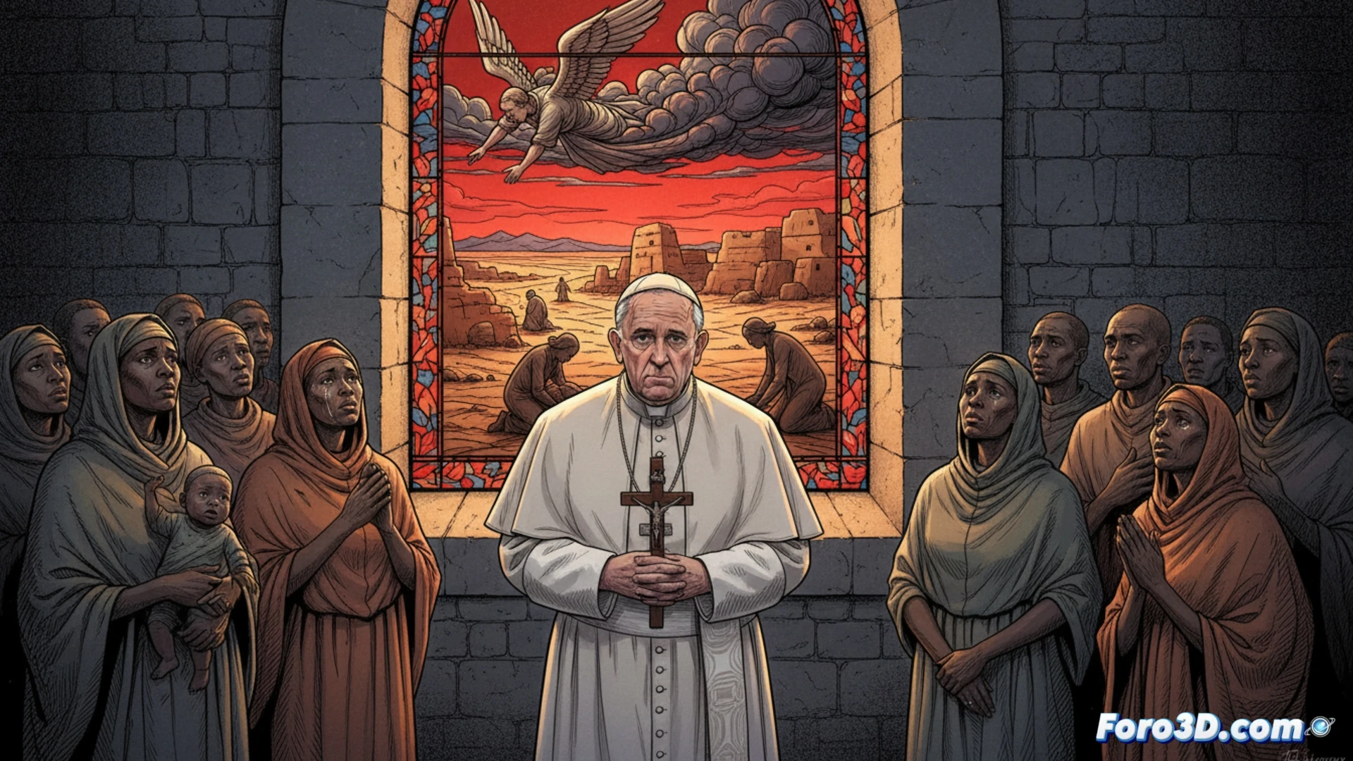 El Papa Francisco, con mirada grave y manos alzadas en gesto de paz, ora sobre un mapa del Sahel; al fondo, sombras de violencia en Mali.