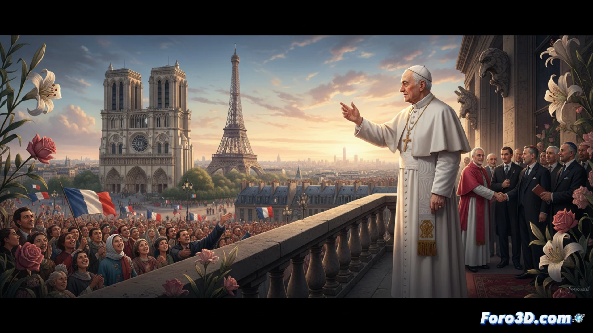 Papa León de pie en el atrio de Notre-Dame de París, sosteniendo un documento con el sello vaticano, mientras estrecha la mano de un oficial civil francés frente a una vidriera gótica iluminada por luz solar matinal, al fondo la basílica de Lourdes proyectada como holograma translúcido, comunicación diplomática y espiritual entrelazada, estilo cinematográfico fotorrealista, texturas de piedra caliza pulida, reflejos dorados en ornamentos papales, profundidad de campo suave, iluminación atmosférica dramática, ultra-detallado.