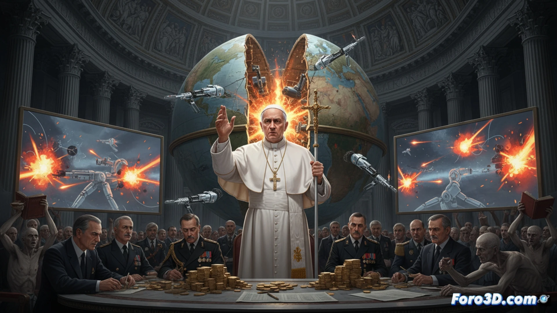 Vatican observatory dome interior, robotic telescope arm aiming at a digital battlefield map projected on curved screens, drone swarm silhouettes moving across the display while a human hand reaches for an emergency stop button, wires connecting to a central mainframe with blinking red warning lights, cinematic engineering visualization, dark control room atmosphere, holographic globe showing conflict zones, broken chains hanging from the ceiling, ultra-detailed metal surfaces, dramatic side lighting from monitors, photorealistic technical render