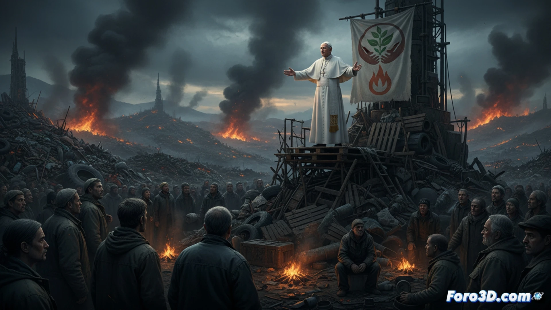photorealistic wide-angle scene of Pope Leon XIV standing on a raised platform in Acerra, facing a crowd of 15,000 people, one hand raised in a gesture of address, background showing smoldering illegal waste fires and smoke columns near the town, foreground includes discarded industrial barrels and scattered electronic waste components, a broken laptop and rusted machinery parts visible on the ground, a municipal worker in protective gear holding a shovel and pointing at a burning pile of tires, the Pope’s white cassock contrasting with the dark smoky sky, cinematic dramatic lighting, deep shadows, photorealistic technical illustration style, emphasizing environmental decay and human attention