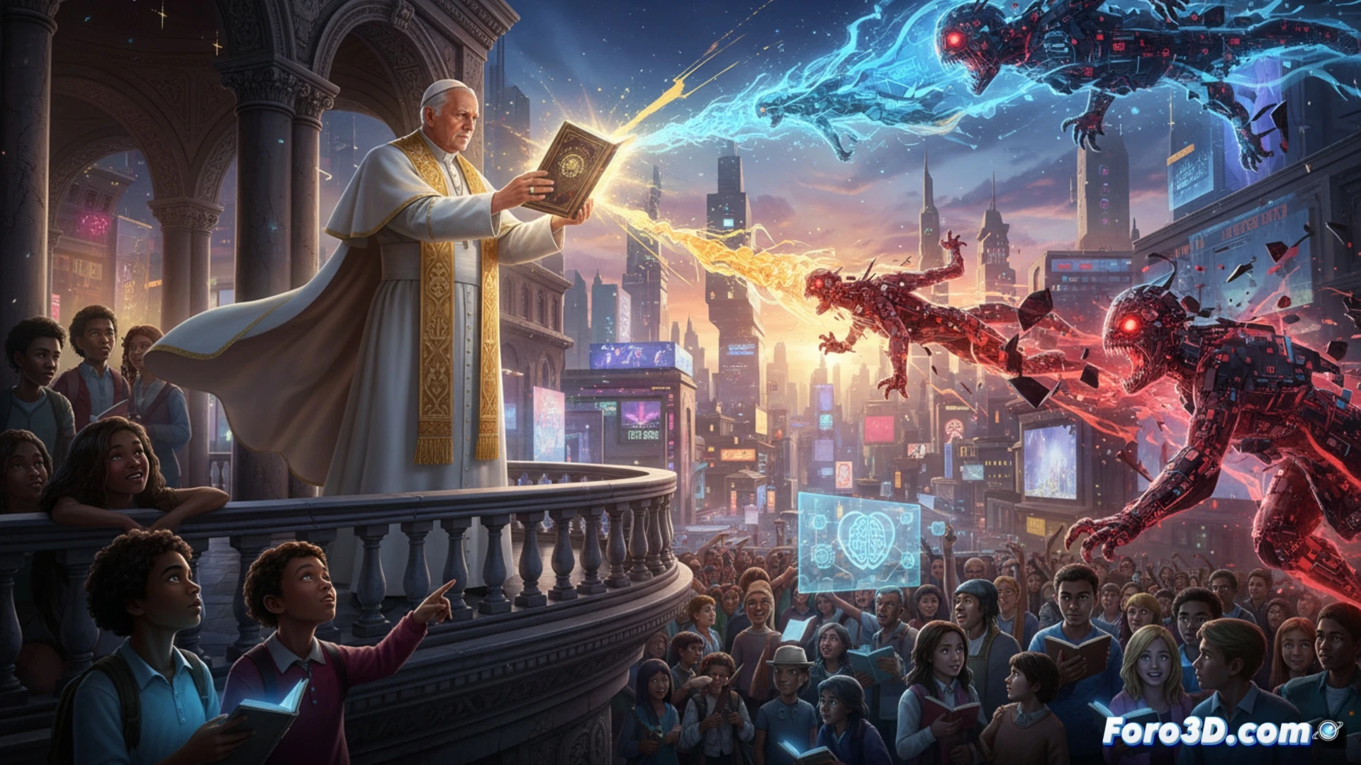 photorealistic scene of a young person holding a smartphone while a glowing digital hand reaches from the screen toward their face, a broken chain of binary code wrapping around the wrist, a priest in white robes standing beside them, gently placing a hand on their shoulder, a laptop on a desk showing a media literacy interface with blurred filters and warning icons, soft natural light from a stained-glass window casting colored shadows, dramatic contrast between cold blue digital light and warm human skin tones, cinematic composition, ultra-detailed textures, moral tension between technology and humanity